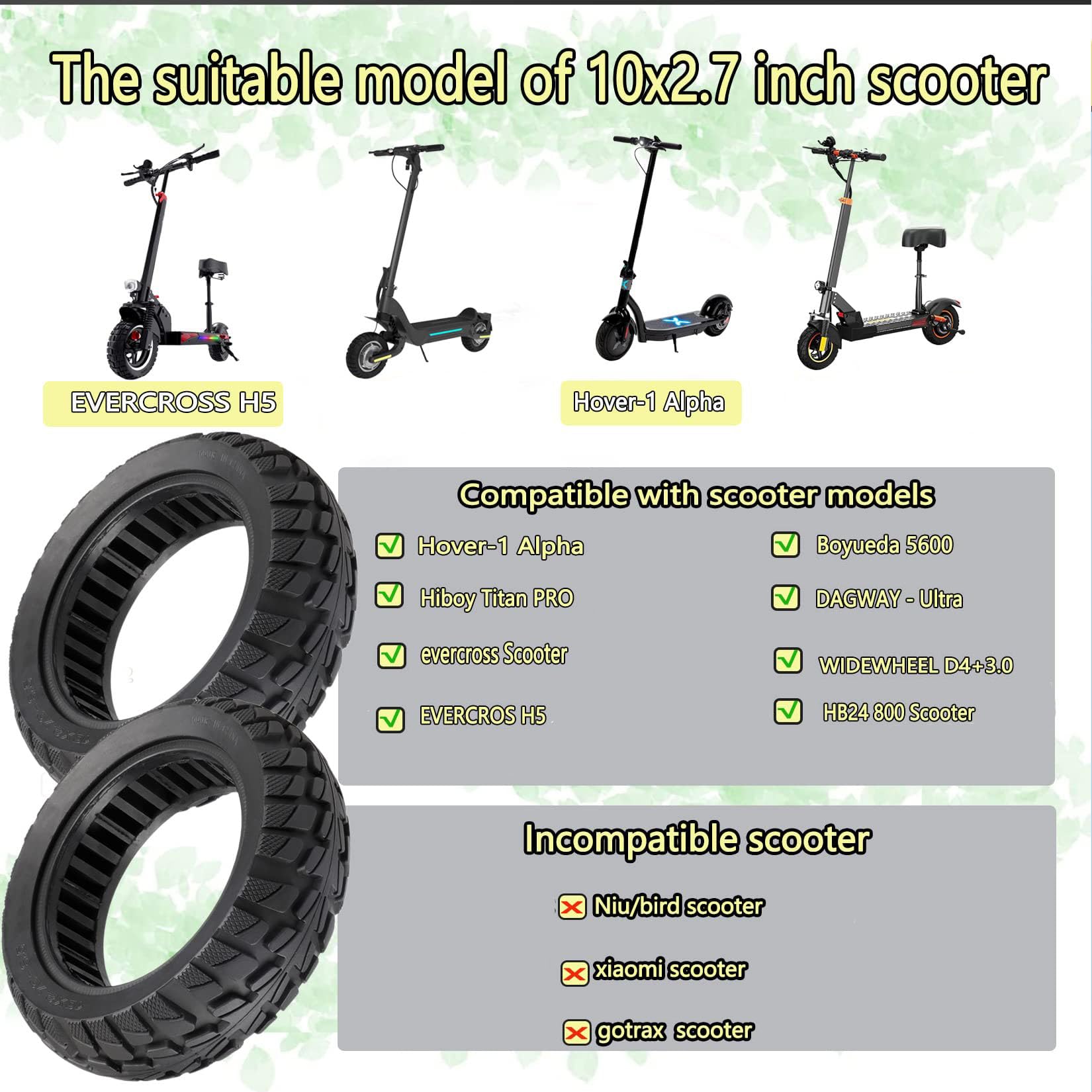 Stormytime 10 Inch Scooter Tires 70/65-6.5 Tire Replacement for Evercross H5 Hover-1 Alpha Hiboy Max3 Tubeless Electric Scooter Solid Tire 10x2.70-6.5, 10x2.75-6.5 Scooter Tire 10 '' Off Road Wheels