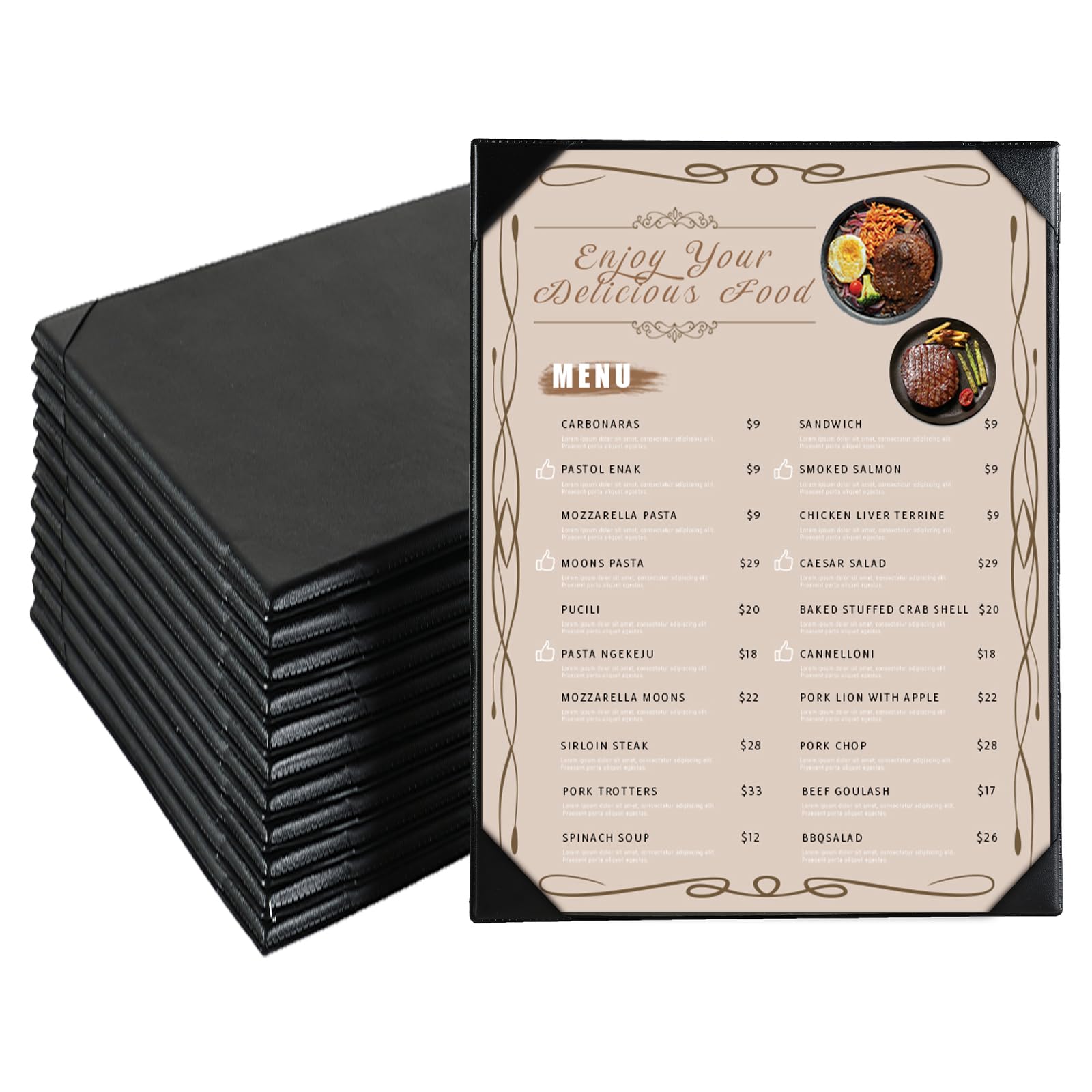 Restaurant Menu Covers Holders 8.5" X 11" | Pack of 12 Synthetic Leather Single View Menu Holder Covers Book Style with Angled Corners Black for Wine List