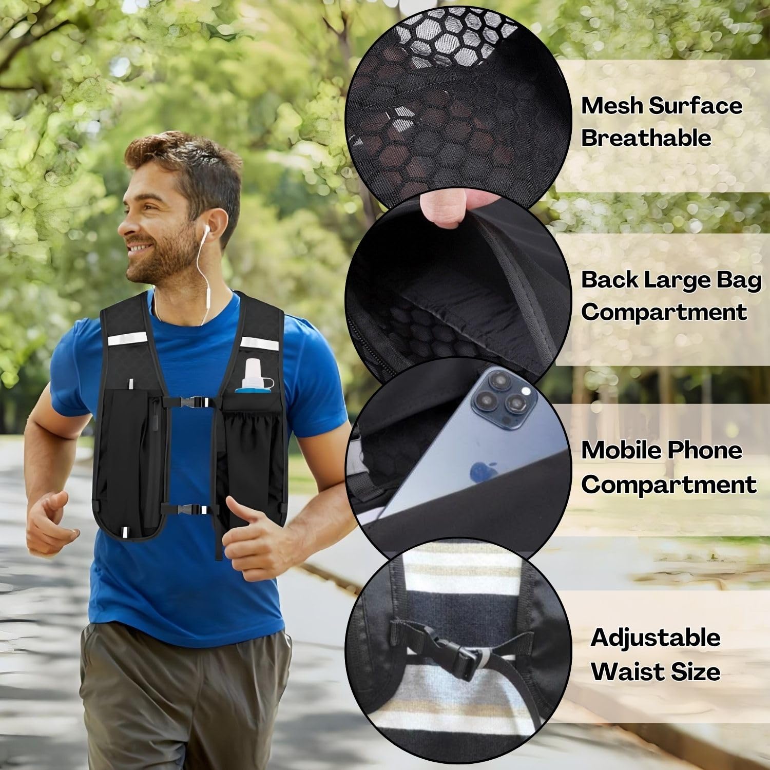 Gilet de course pour homme et femme - Gilet de course avec gourde de 500ml - Réfléchissant - Avec support pour téléphone portable - Gilet d'hydratation pour la course à pied - Pour cyclisme, randonnée - 3
