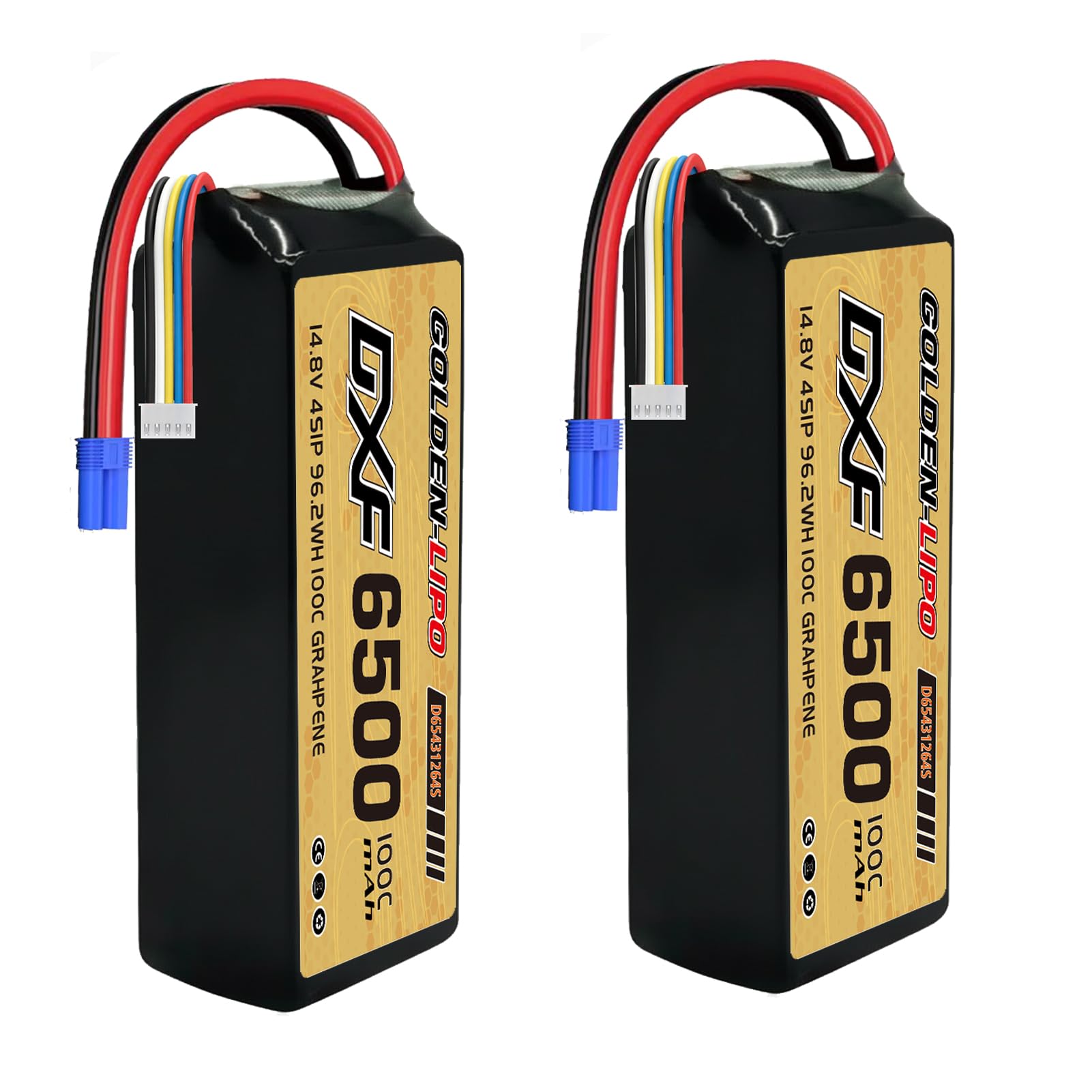 DXF Lot de 2 batteries Lipo 4S - 14,8 V - 6500 mAh - 100 C - Boîtier rigide avec fiche EC5 - Pour Buggy Truggy Crawler Monster Car Boat Racing Drone UAV FPV Hobby