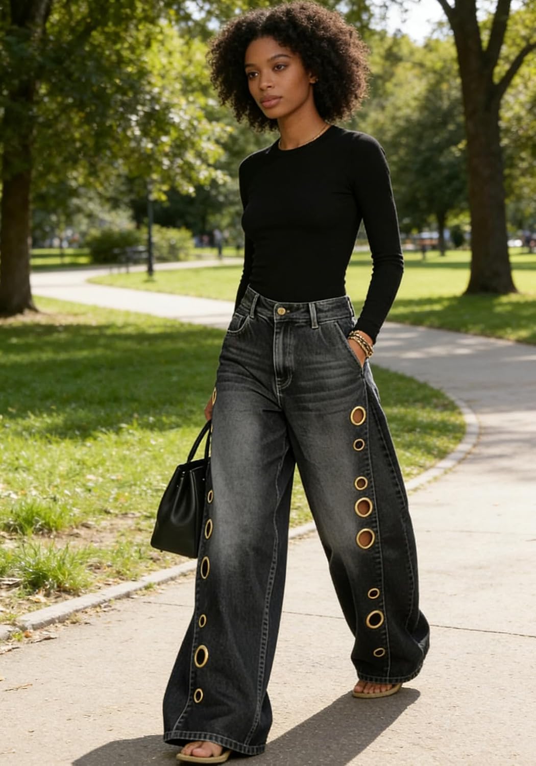 Geulis Women's Wide Leg Jeans Trendy Metal Circle Ring Cut-Out Denim Pants Boyfriend Baggy High Waisted Jeans