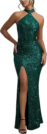 yinyyinhs Sequin Mermaid Prom Dresses for Women Long Sparkly Halter-Neck Tight Backless Formal Evening Party Gowns with Slit