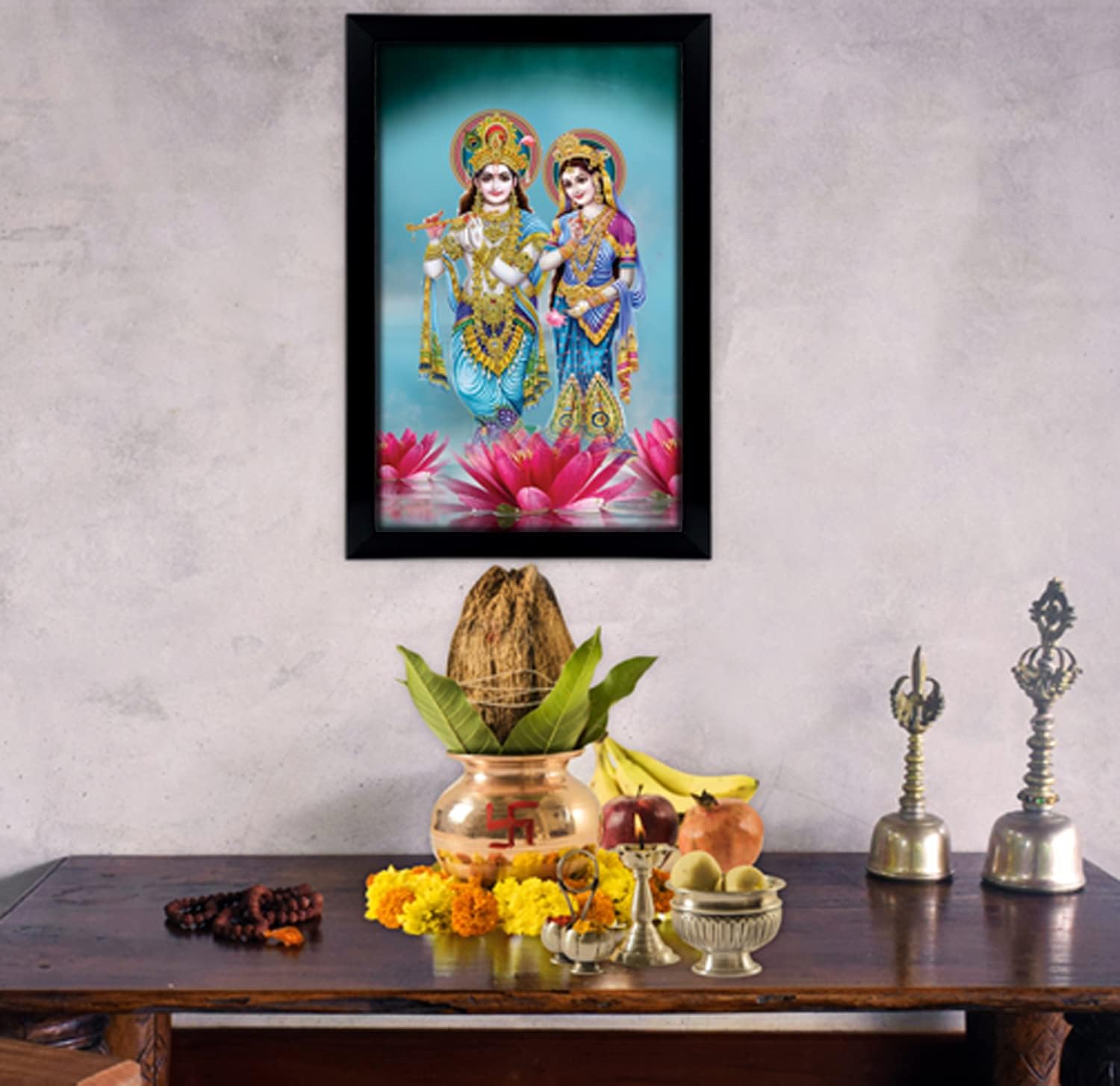 Lord Krishna & Radha On Lotus Decorative Religious Poster With Frame Auspicious Hindu God Photo Frame For Gift Purpose-12 x 18 Inches