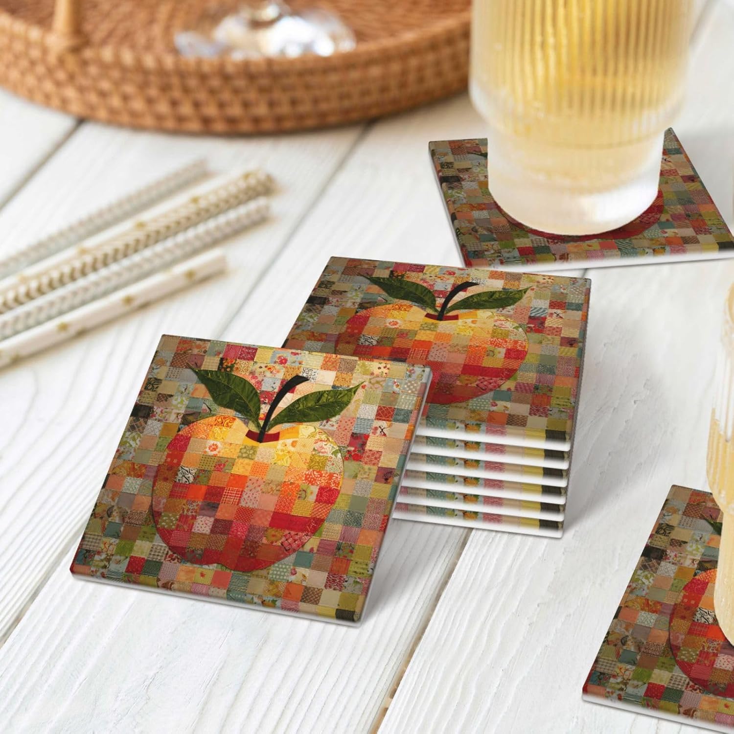 (Cut Apple Patchwork Style) Ceramic Coasters Set of 6 with Holder Non-Slip Square Coffee Coasters for for Cup Mug Drink Patio Coffee Table Decor, Christmas Coasters Home Bar Supplies