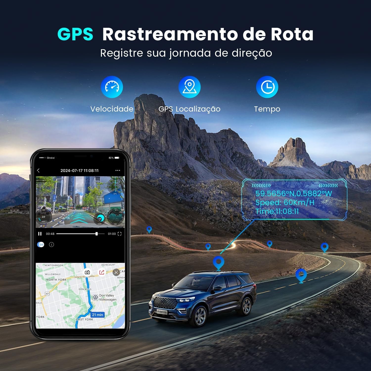 DDPAI Z60 Câmera Veicular 3 Canais, 4K+ 2K+ 1080P, WiFi 5GHz com GPS, 32G eMMC D²Save,Tela IPS de 3", Visão Noturna Super AI-ISP, WDR, ADAS, Modo de Estacionamento AOV de 20 Dias (Sem Cartão SD)