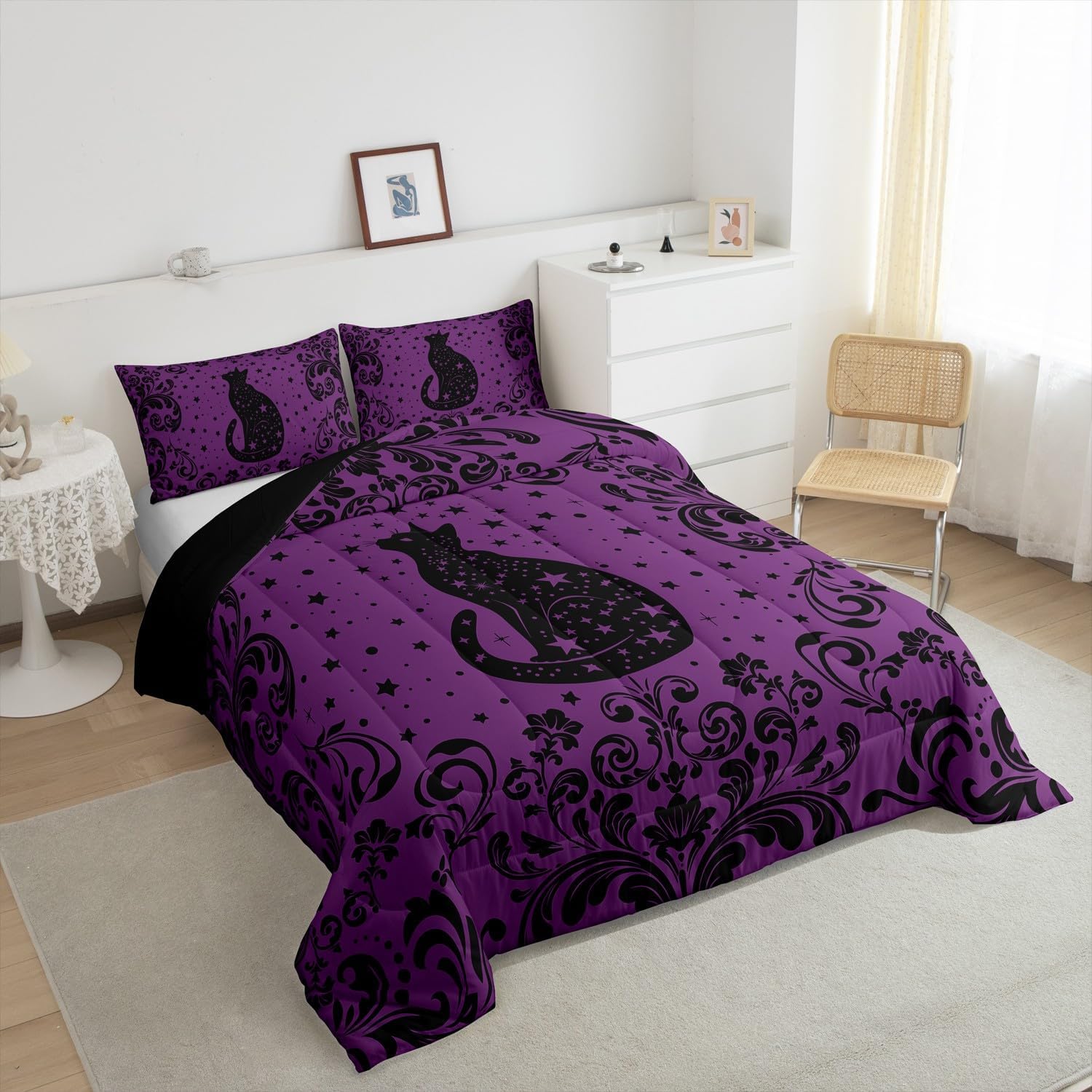 Erosebridal Boho Black Cat Full Bedding Set Purple Black Halloween Gothic Comforter Set for Girls Women Exotic Damask Floral Goth Cat Bedding Comforter Sets Hippie Stars Moon Animal Bed Set