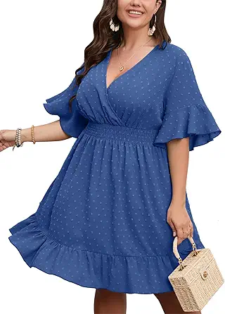 SCOMCHIC Plus Size Casual Summer Dress for Women Swiss Dot Wrap V Neck Ruffle Sleeve Smock Boho Beach Dress