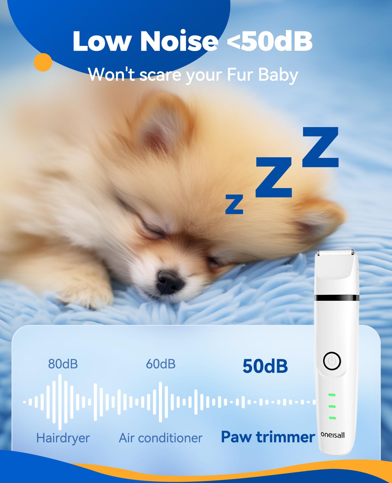 oneisall Tosatrice silenzioso per cani e gatti 4 in 1 completo, tagliacapelli ricaricabile per cani, taglia zampe e affila artigli con 4 testine multiuso per la depilazione di tutto il corpo (Bianco)