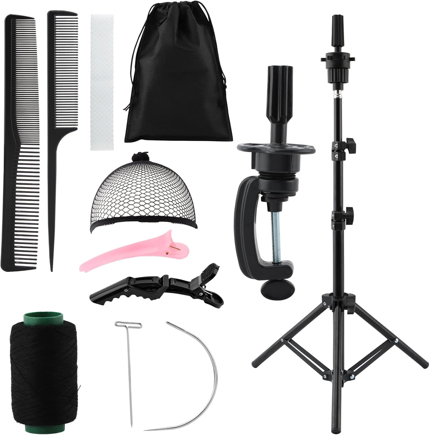 Adjustable Wig Head Stand – 50" Tripod for Hairdressing Training, Includes T-Pins, Comb, Clips & Bag