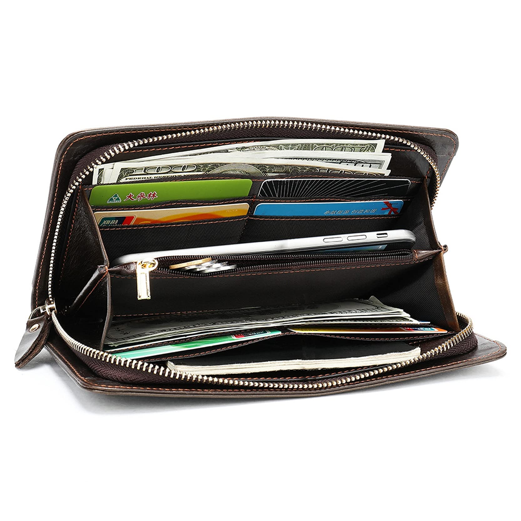 Portafoglio Uomo Porta Carte di Credito, Uomini RFID. Blocco 8 della Carta del Raccoglitore del Supporto Lunga Cerniera Portafoglio Vintage Vera Pelle Raccoglitore di Affari Coin Purse Phone Pouch Cl