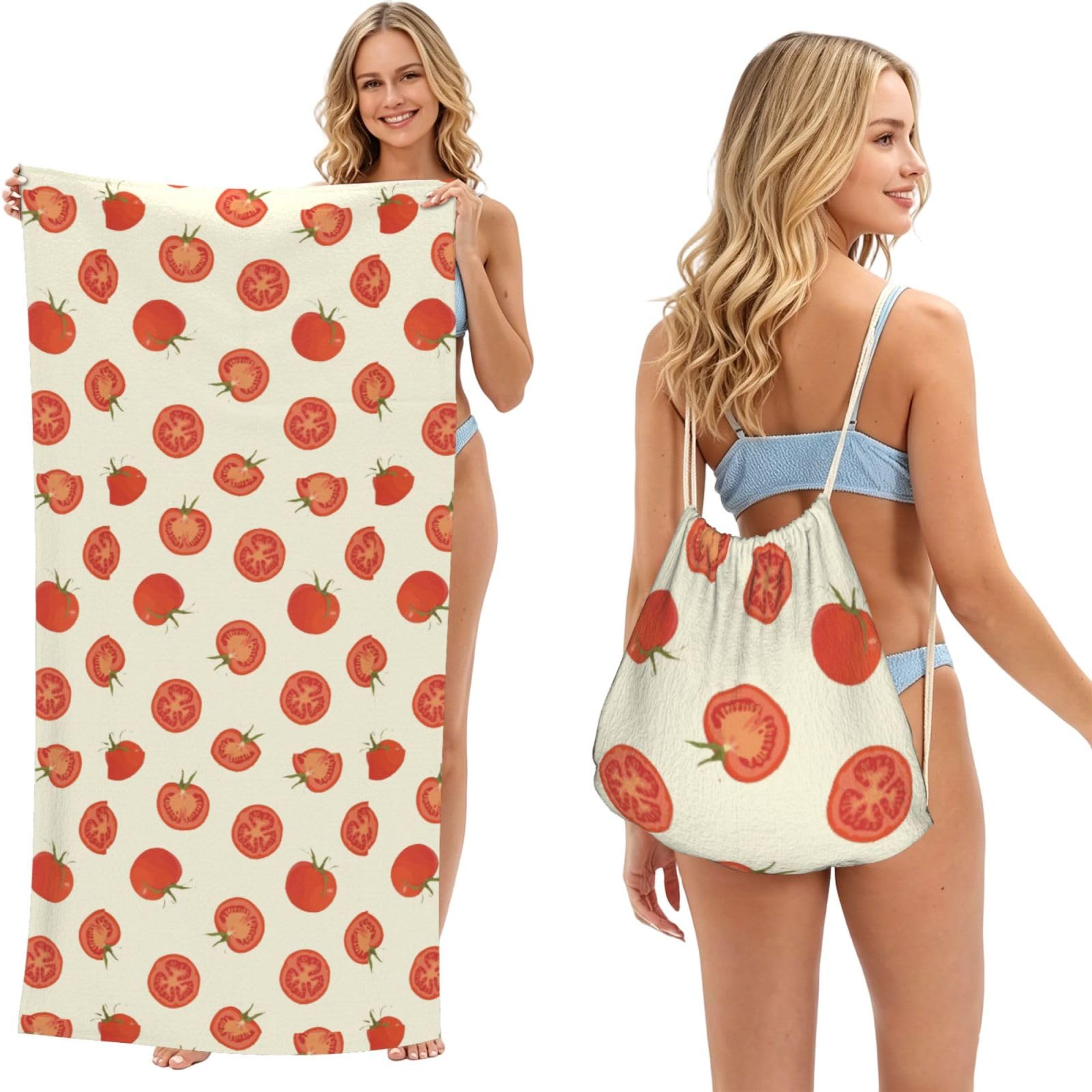 Poadnly As Picture Tomato Fruit Lover, 2 In 1 Packable Towel Bag, Beach Towels With Drawstring Backpack For Travel Holiday Camping