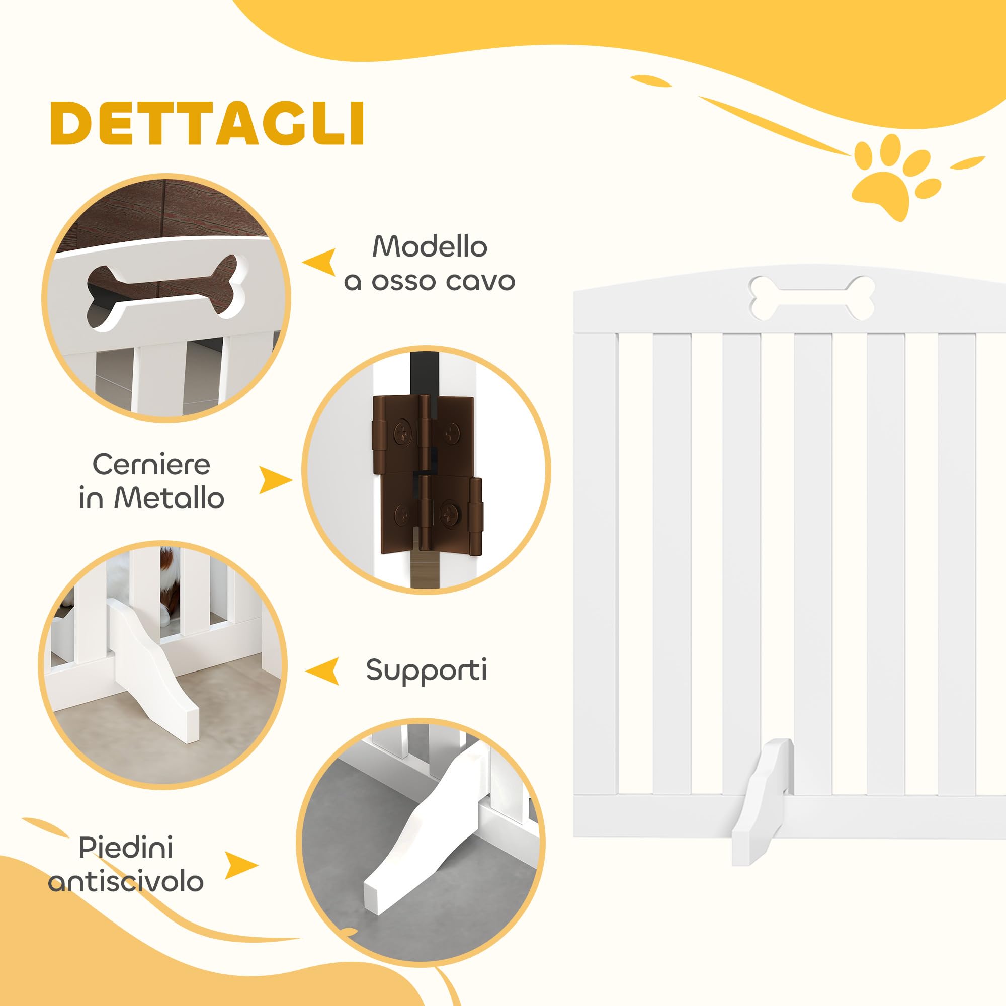 PawHut Cancellino per Cani Pieghevole a 3 Pannelli 155x30x61 cm Bianco | 2 Supporti, Cancelletto di Sicurezza in MDF, Da Interno