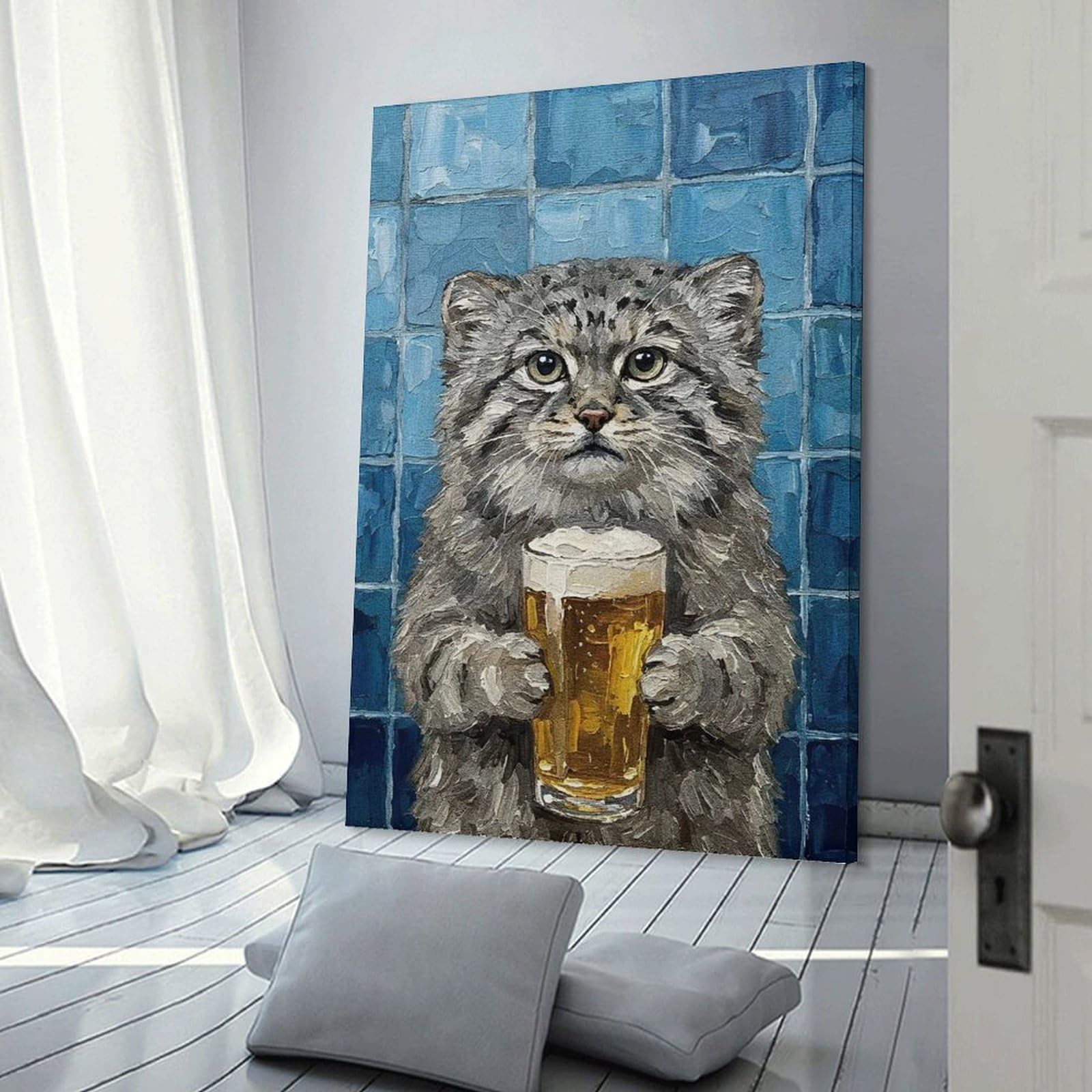 Junmoney Cat with Beer Painting Canvas Wall Decor, 08x12inch(20x30cm), for Wall Displays, Bedrooms Or Room Updates, Wall Decor Suited to Curated Displays