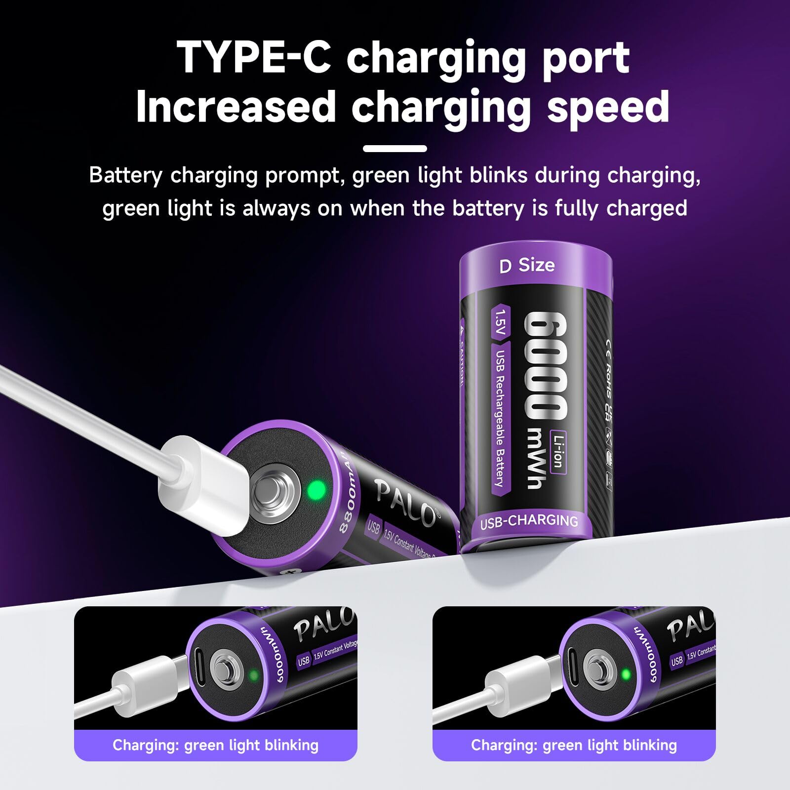 USB-C-Lithium-C-Akkus, 1,5 V, 6000 mWh, LR14-Batterie, 4 Stück