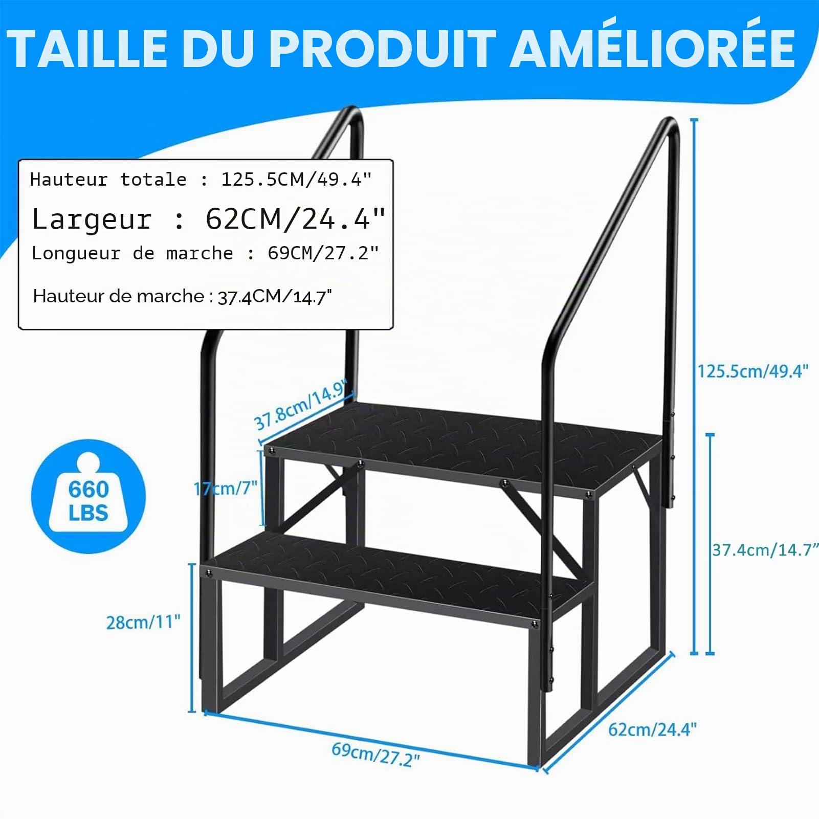 Escabeau 2 Marches avec 2 Main Courante, Marchepied Antidérapant en Acier pour Caravane Escabot de Piscine, Escabeaux Portable pour Camping-Cars à Cinq Roues, Escabeau de Ménage Outdoor RV Marchepied