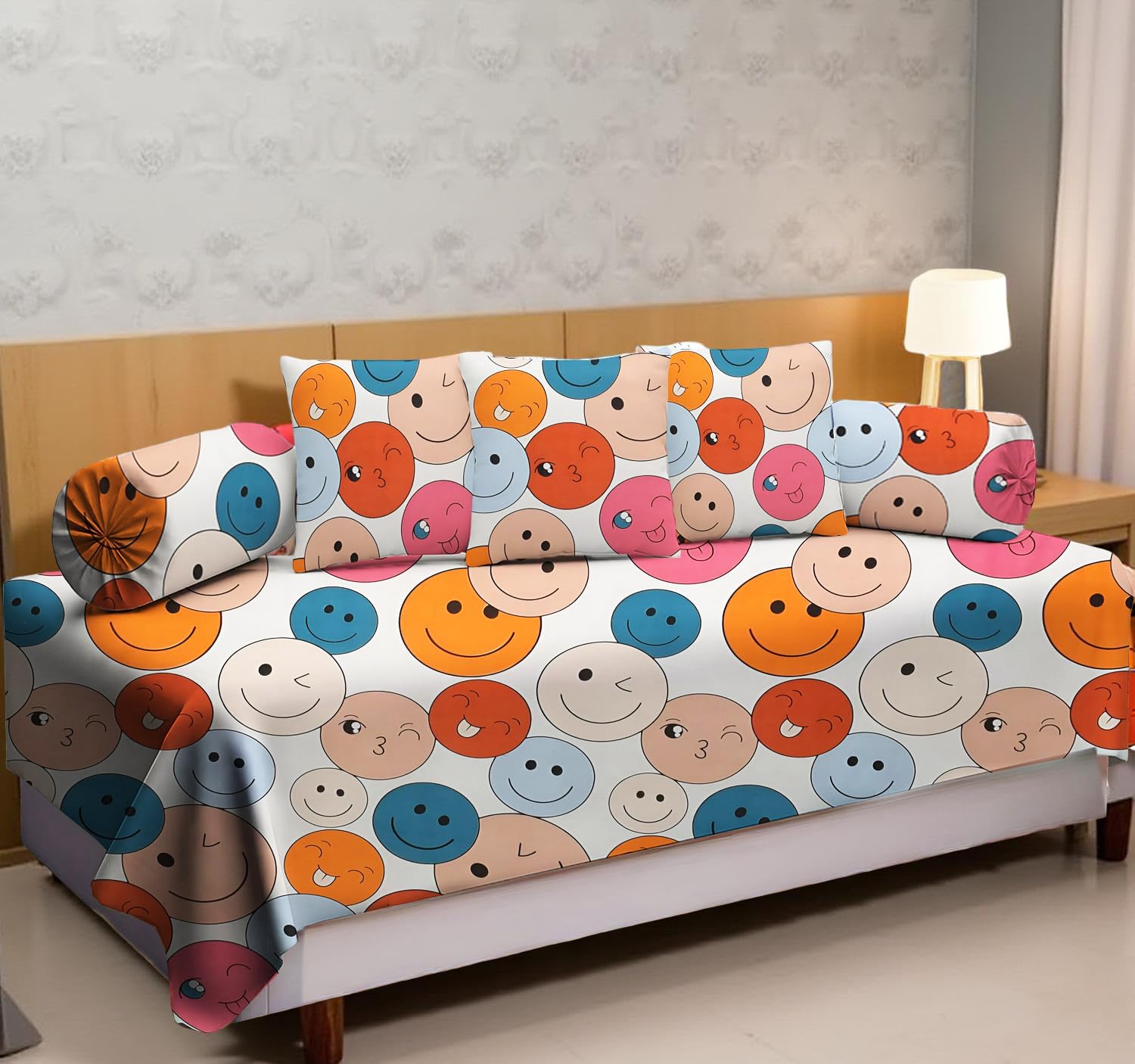IVAZA 160 TC Diwan Set Glace Cotton 6 Pcs | Deewan Printed Bedsheet Set for Living Room Hall (Grey Leaf, Standard)-image-29