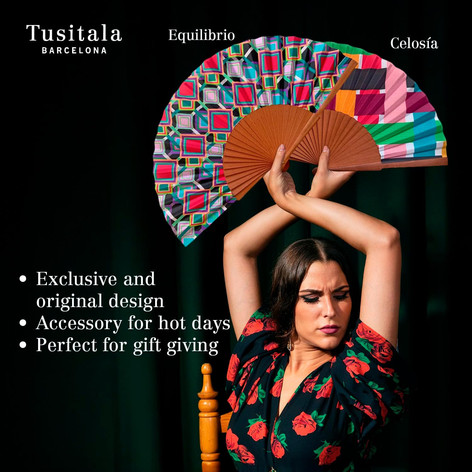 Stripes Hand Fan | Handcrafted Spanish Hand Fan | Cotton Fabric and Wood | Includes Protective Jute Cotton Bag | Authentic Gift | 23cm - 9”.