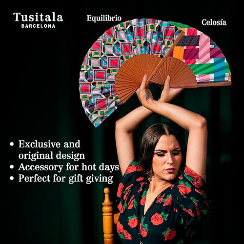 Miniatura 3 de Spanish Balance Fan - Wood and Cotton - 23 cm - Jute Case and Case - Fashion Accessory - Handmade in Spain - Events and Gifts - Geometries