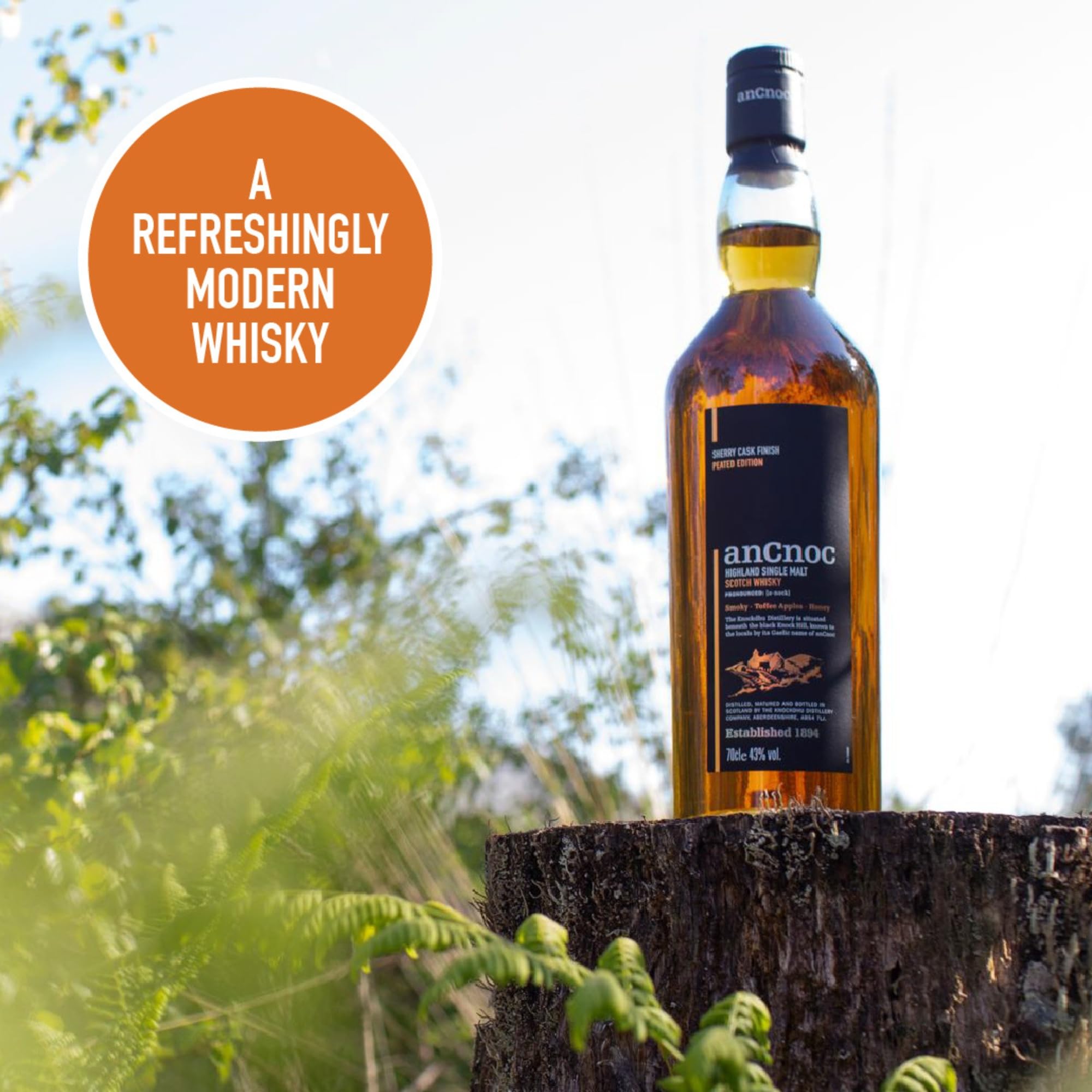 AnCnoc Highland Single Malt Scotch Whisky Sherry Cask Finish Peated Edition 43% Vol. 0,7l in Geschenkbox