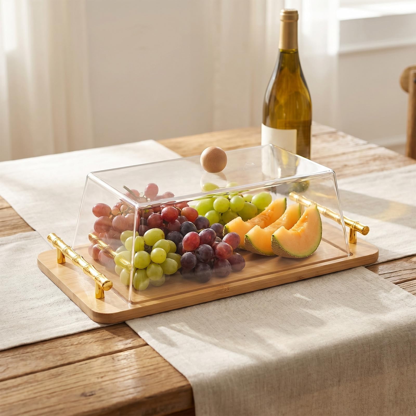OUNONA Soporte para pasteles con tapa abovedada - Soporte para pasteles de bambú con tapa de acrílico irrompible, expositor de postres y tabla para servir cupcakes, quesos y frutas 40 x 22 cm