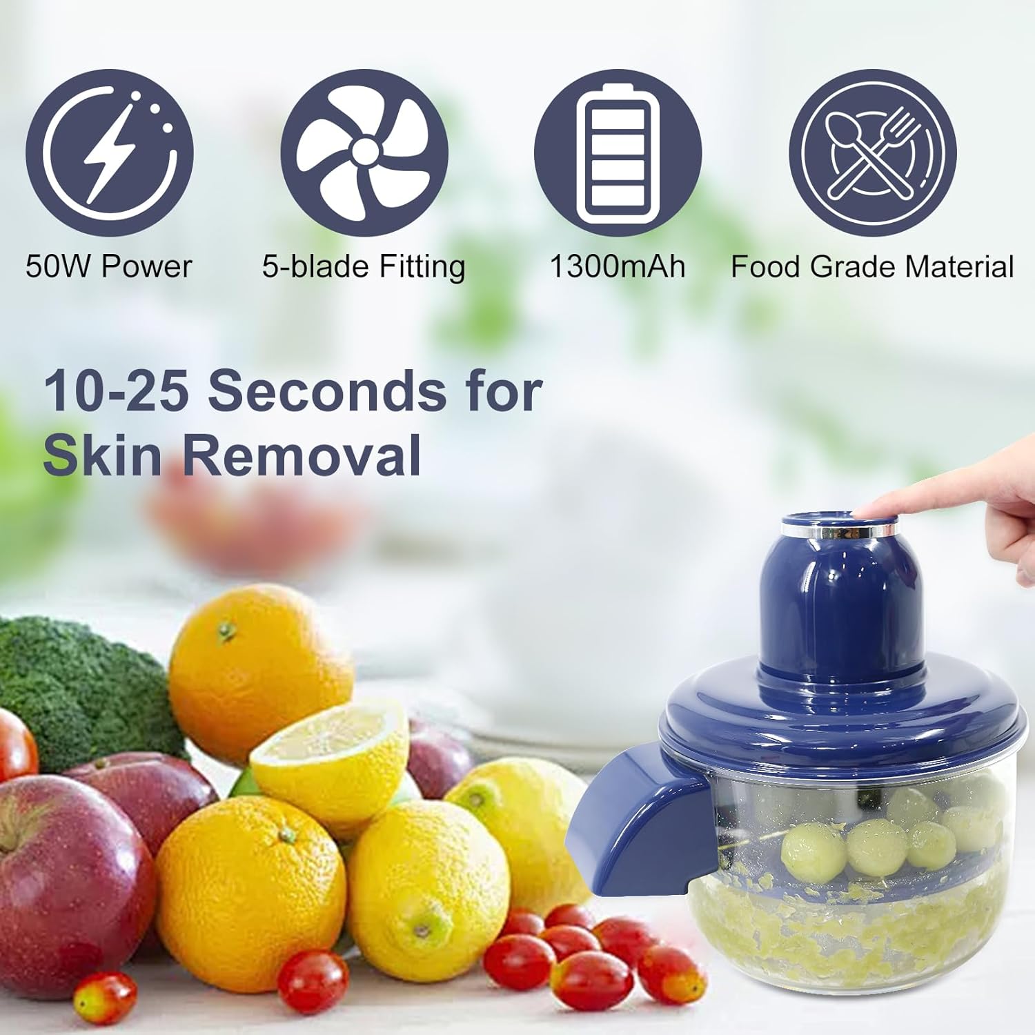 Automatic Garlic & Small Fruit Peeler - Rechargeable Electric Grapes Peeling Machine for Home, Commercial Kitchen - 1 Set (Blue)