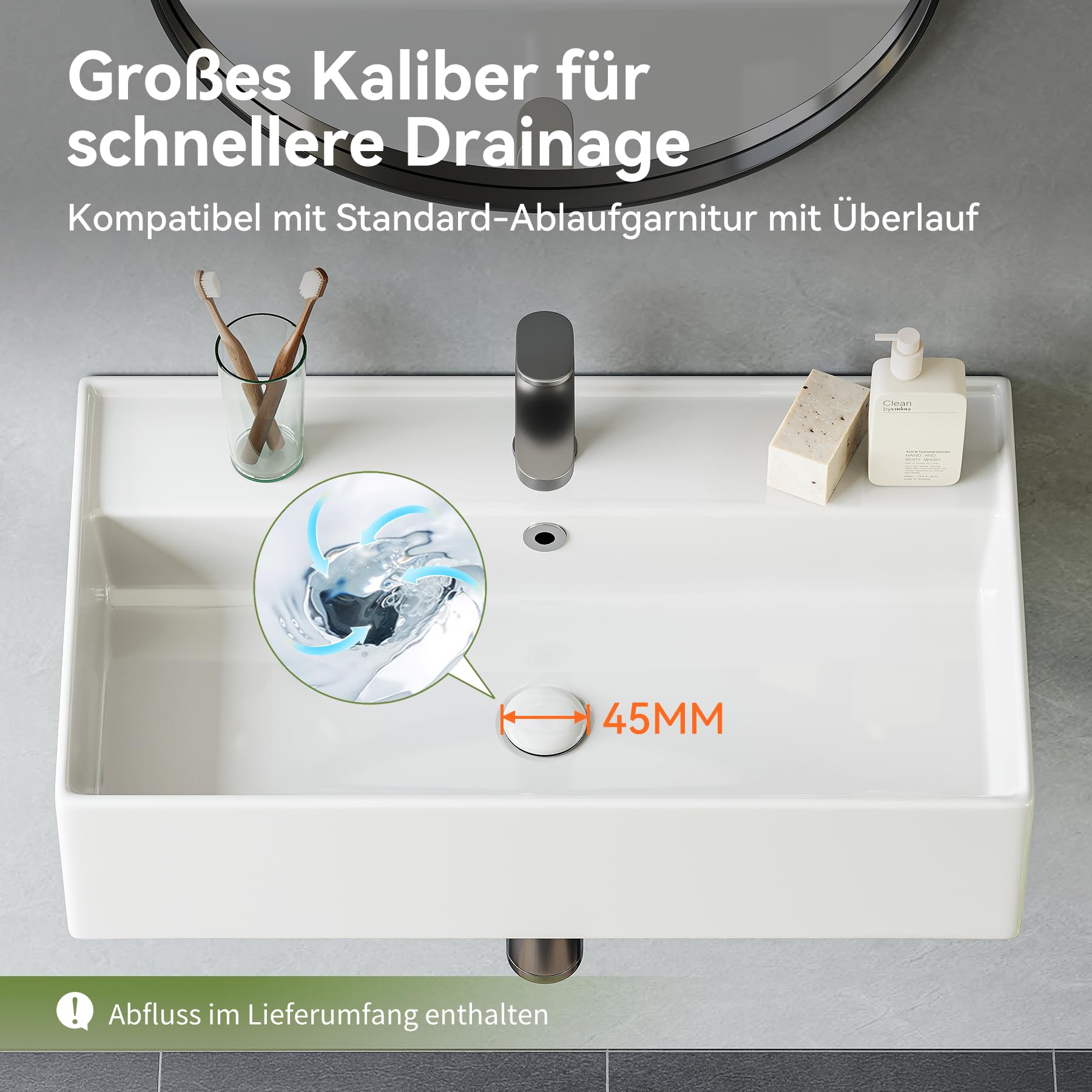 HOROW Lavabo de pared colgante con válvula de desagüe desplegable | Lavabo con diseño de borde fino, con orificio para grifo, para baño pequeño, inodoro, inodoro, lavabo, 55 cm, rectangular