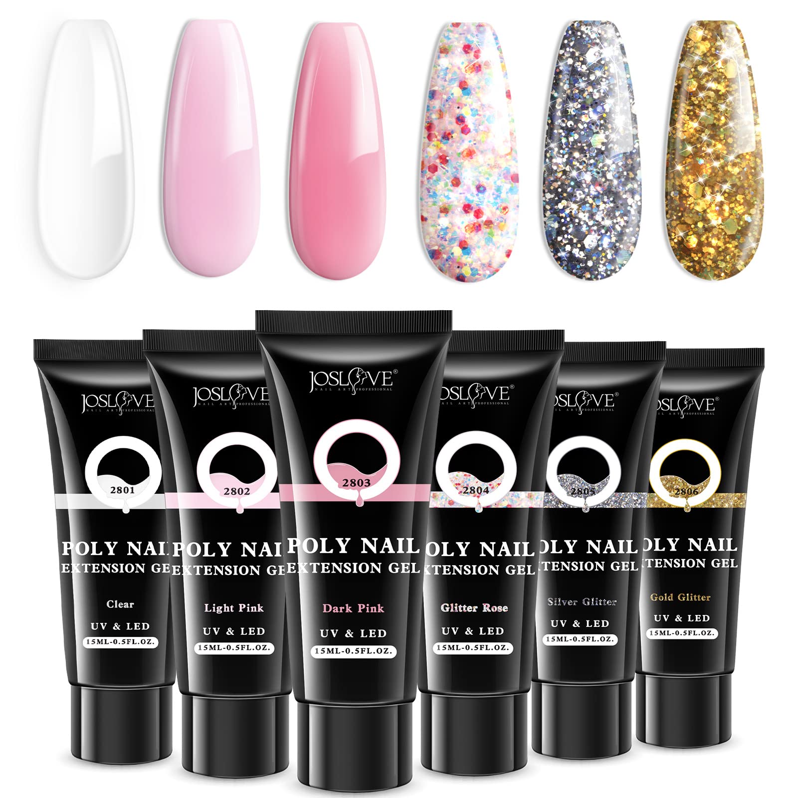 JOSLOVE Poly Nail Gel Kit, 6 Colors 15g Clear Light Pink Silver Glitter Poly Extension Gel Kit Builder Nail Extension Gel Salon Nail Art Design Salon Easy DIY at Home