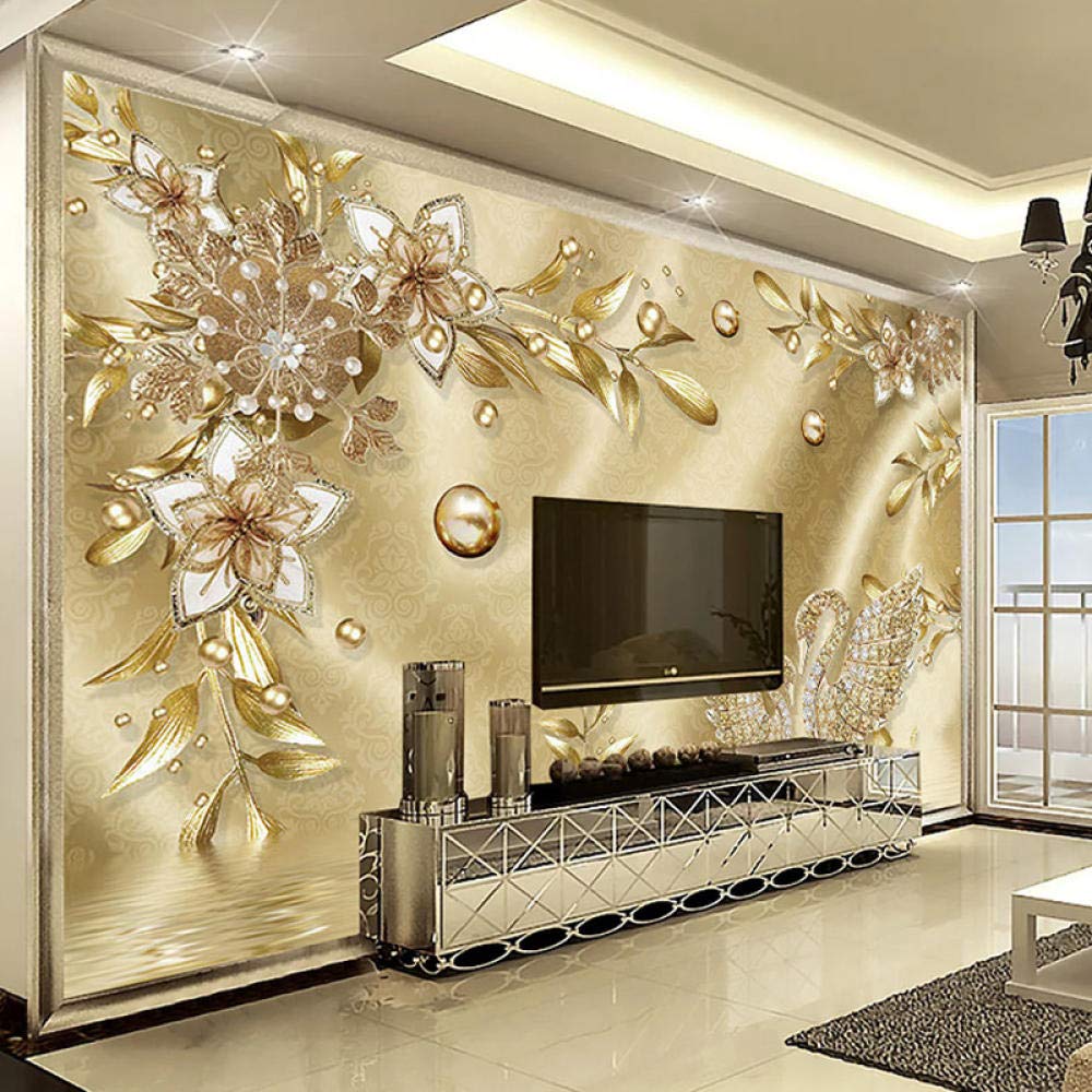Luxe doré 3D floral bijoux motif fond décoration murale papier peint salon décoration de la maison