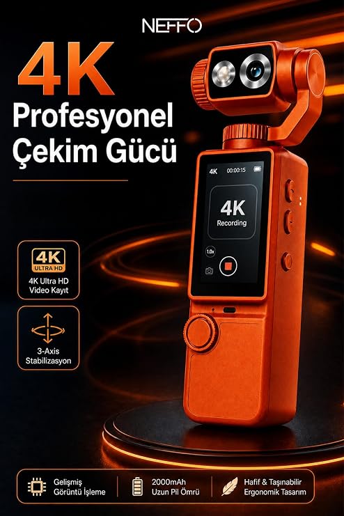 4K HD Taşınabilir Vlog Spor ve Aksiyon Kamerası, 2.0 Döndürülebilir IPS Ekran, Gimbal, 48 Megapiksel, MP4, Micro SD