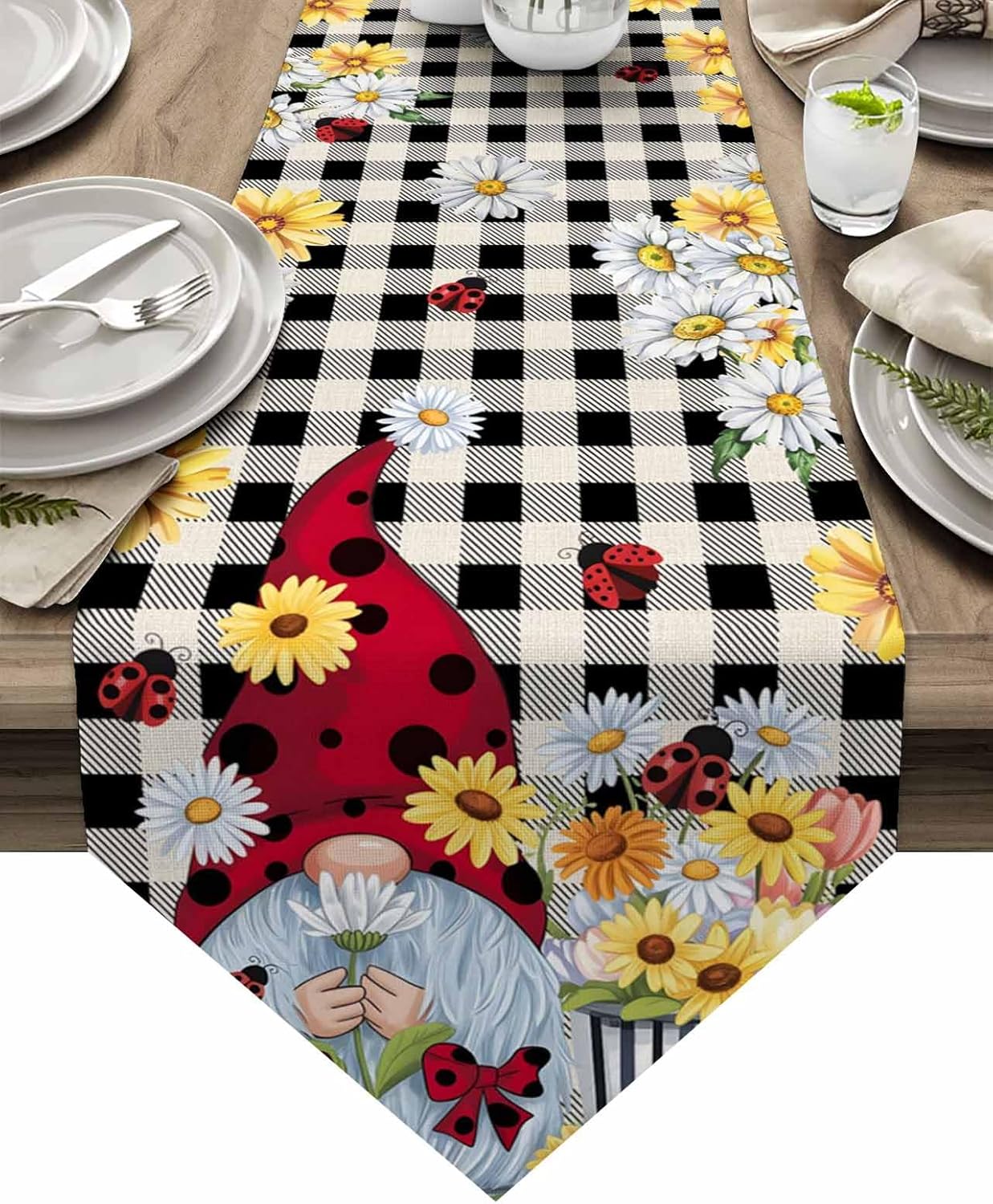 Table Runner Dresser Scarves Gnome with Spring Flower Ladybug Cotton Linen Burlap Table Cover Burlap Linen and Checker Grid Table Runners for Family Kitchen Dining Holiday Party Banquet Decor