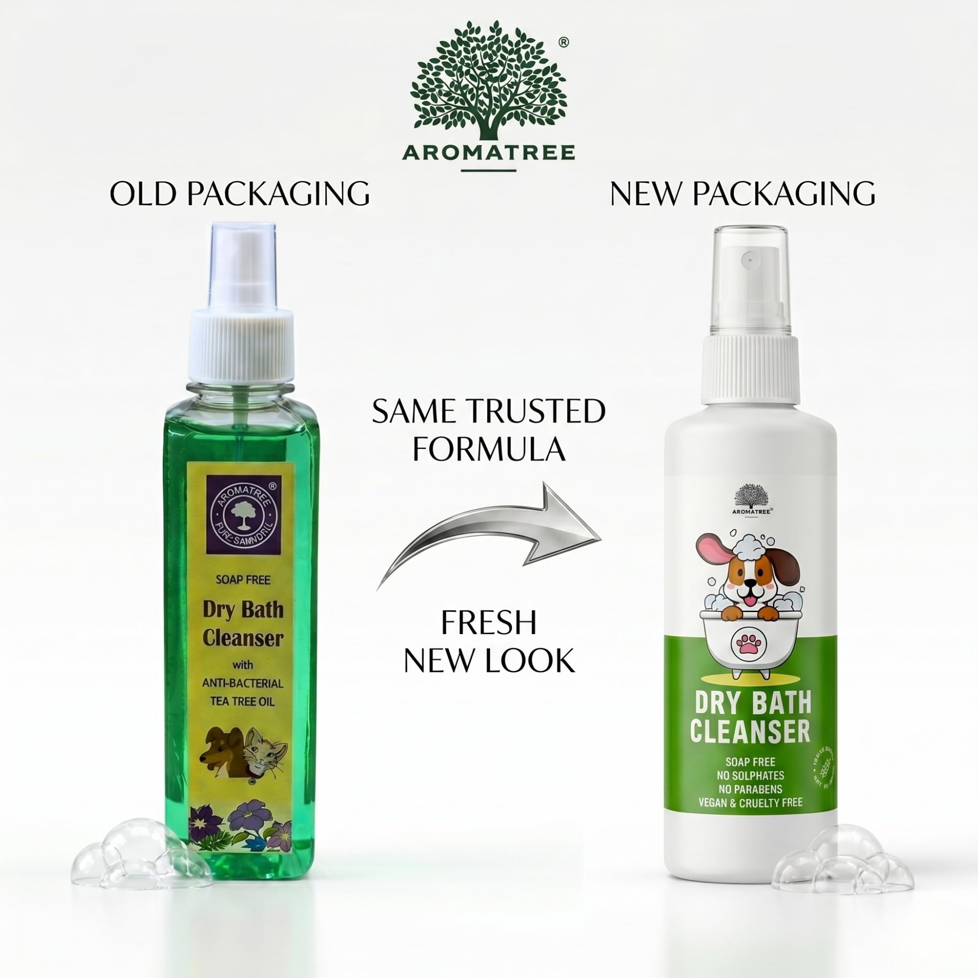 Aromatree Dry Bath Cleanser for Pets 200ml | Soap-Free & pH-Balanced Dog & Cat Spray | No-Rinse Pet Shampoo with Anti-Bacterial Tea Tree Oil | Quick Clean & Odor Removal 1