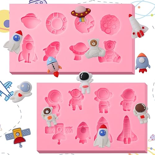 Miniatura 1 de ICOCONG Molde de silicona para decoración de pastel de astronauta, 2 unidades, molde de fondant de chocolate de nave espacial, para adornos de
