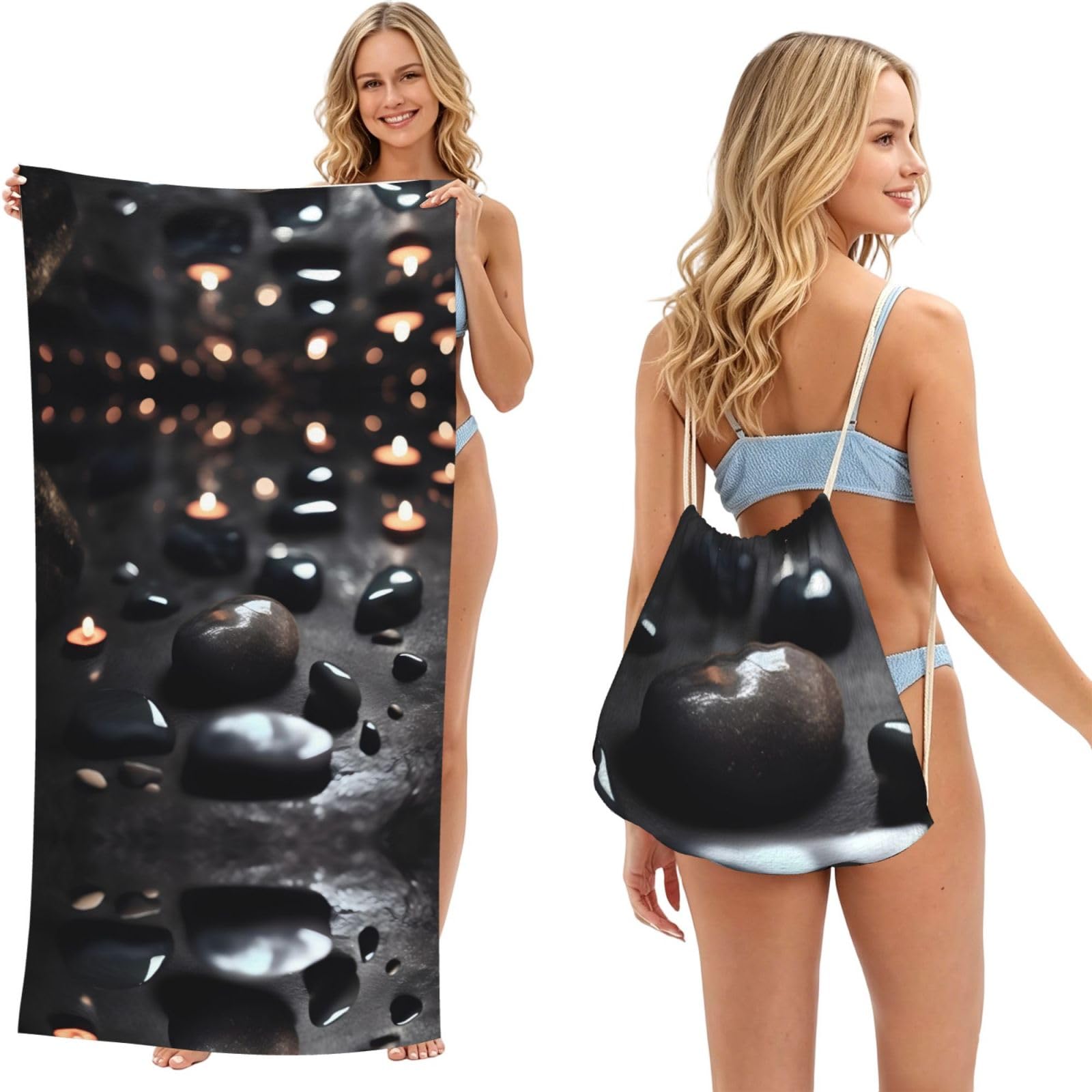 SXZVVBN Black Mystery Heart Stone 2-in-1 Beach Towel Bag, Quick Dry Sand Free Travel Towel Backpack for Adults