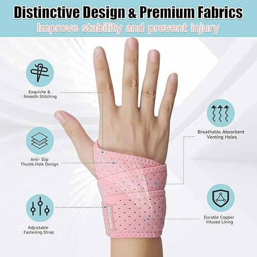 Miniatura 9 de Paquete de 2 muñequeras de cobre para túnel carpiano, soporte de compresión mejorado para soporte de día y noche, muñequeras ajustables para