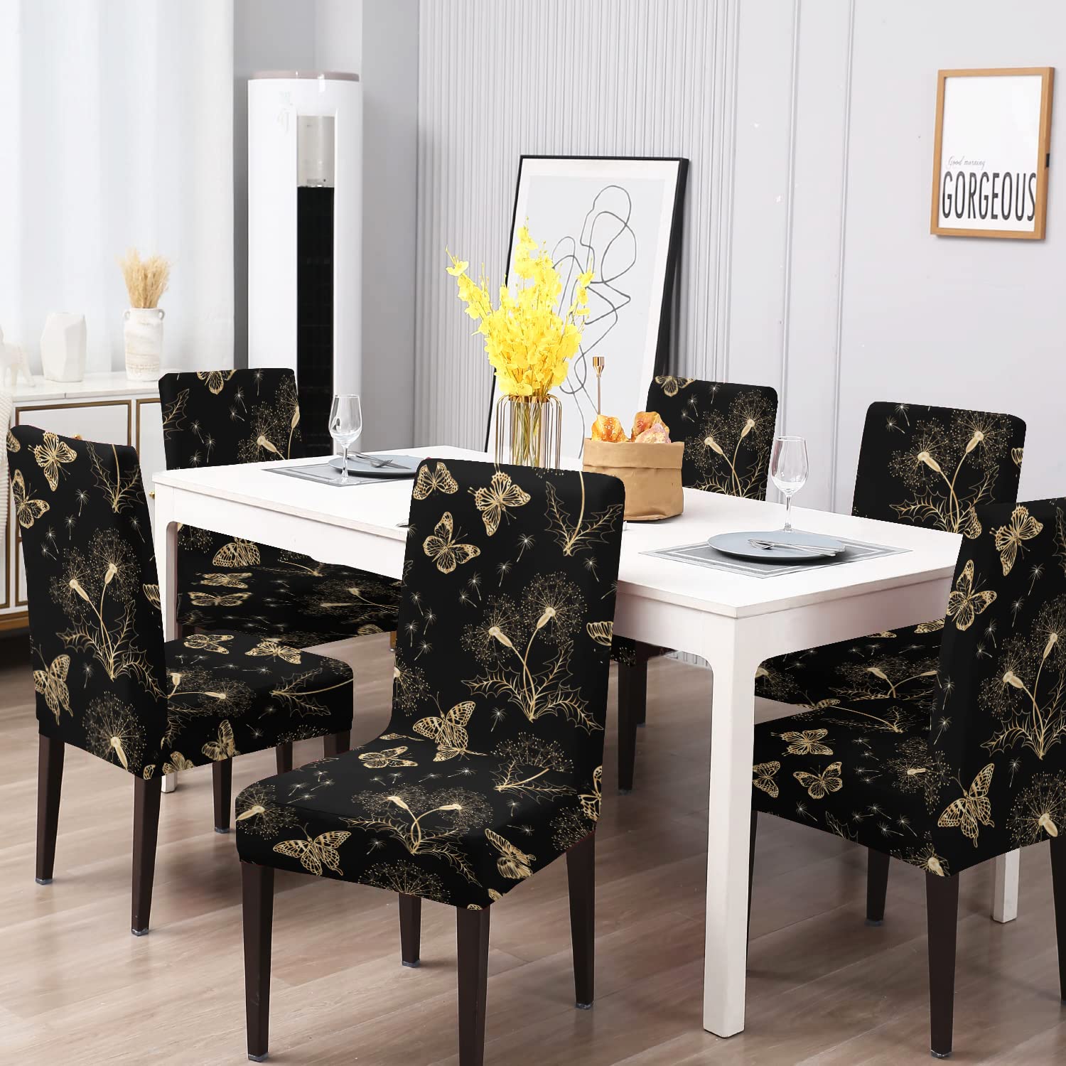 BRIDA Stretchable Floral Geometric Printed Dining Chair Covers Elastic Chair Seat Case Protector, Slipcovers (6 Chair Cover, Black Butterfly), Polyester; Polyester Blend