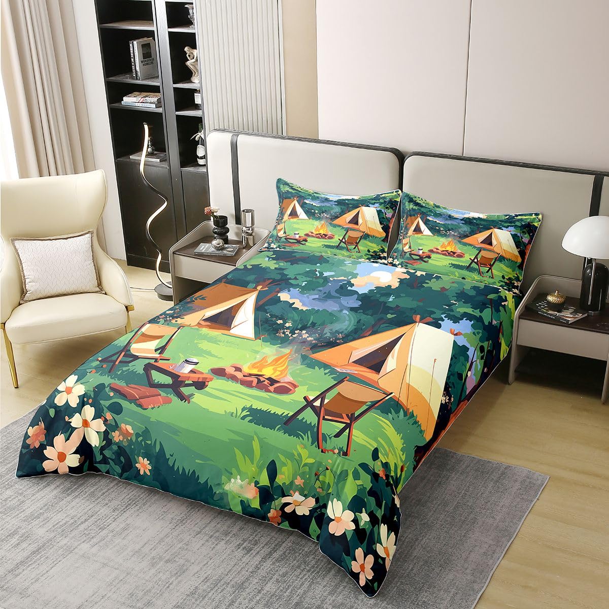 Loussiesd Juego de funda de edredón 100 % algodón, tamaño King, funda de edredón Happy Camping para niños y niñas, juego de ropa de cama de 3 piezas, accesorios de caravana, decoración de habitación