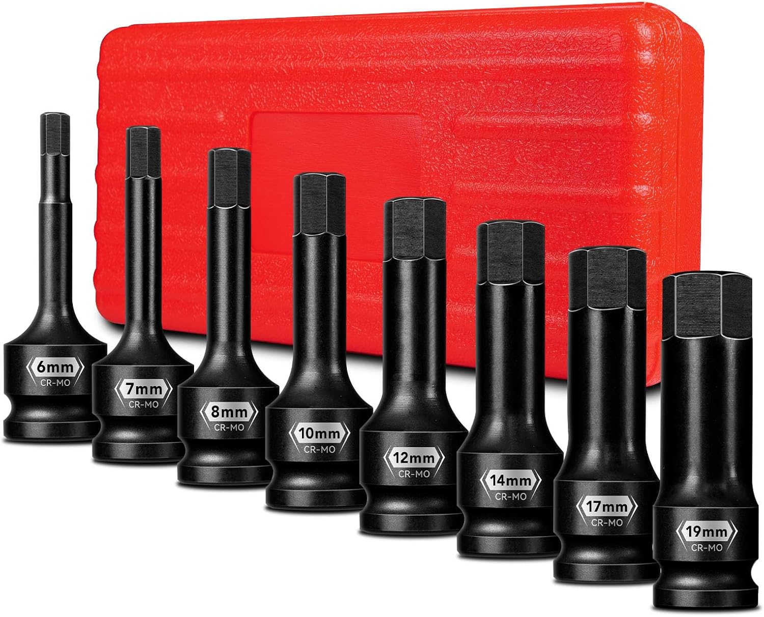8 PCS 1/2 Inch Drive Allen Impact Socket Set, Metric Hex Socket 6 mm to 19 mm, Master Impact Grade Cr-Mo Steel with Heavy Duty Storage Case