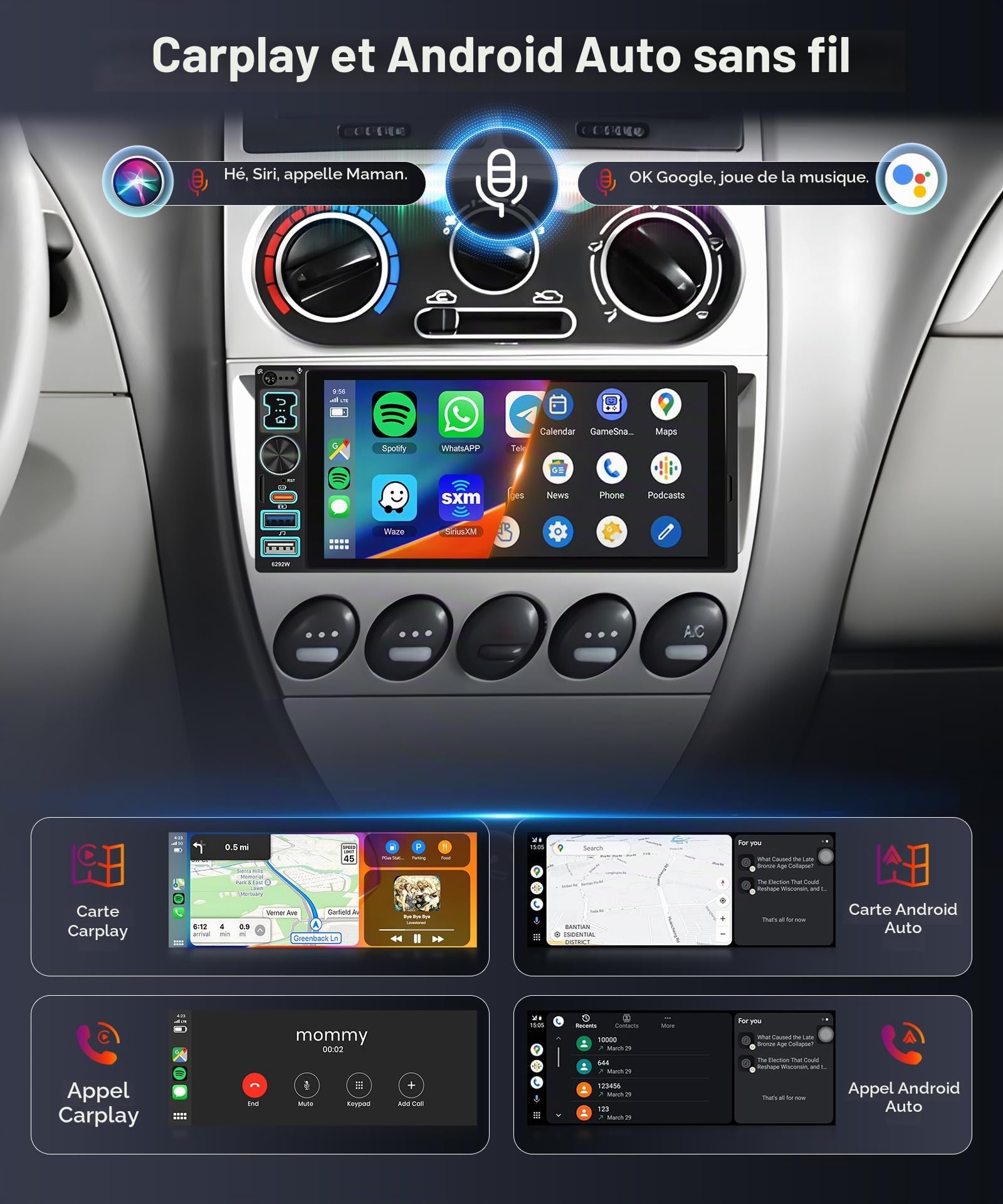 2025 Hodozzy Autoradio 1 Din avec sans Fil Carplay Android Auto avec Ecran 6,8 Pouces, 1 Din Poste Radio Voiture Bluetooth, Ecran Tactile avec Mirror Link/FM/2 USB/USB-C avec Caméra de Recul