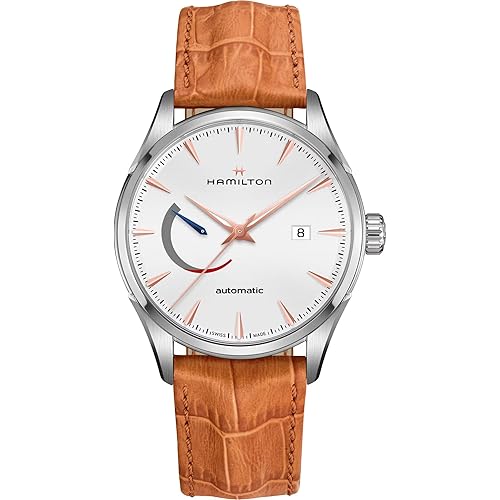 Hamilton Watch Jazzmaster Power Reserve Auto | Swiss Made | 42mm Stainless Steel Case | White Dial Analog Watch | Brown Leather Strap (Model: H32635511)