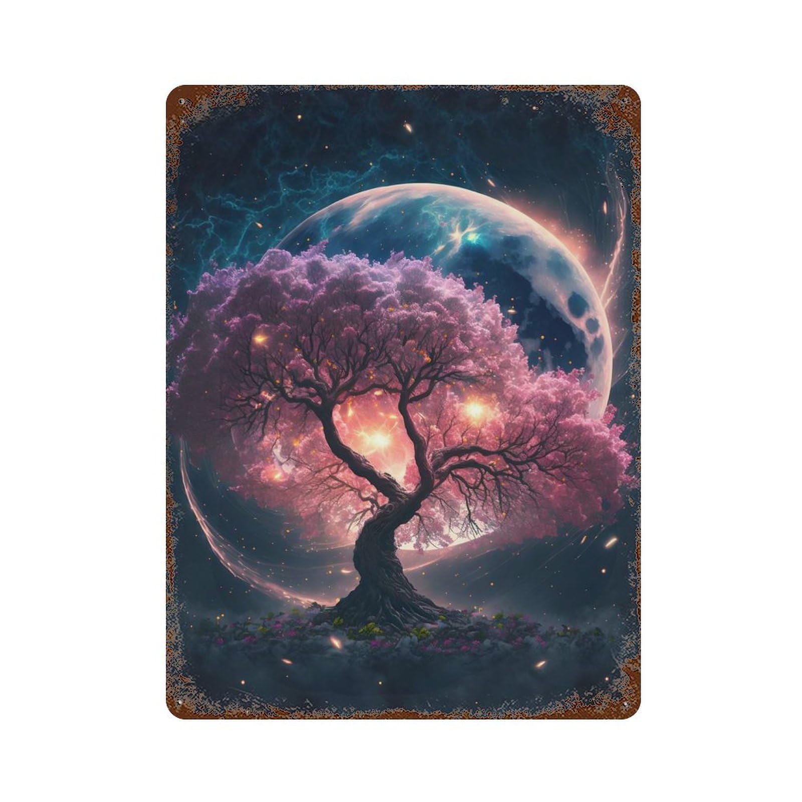 Cosmic Sakura Tree Vintage Rust Metal Sign 15.7"x11.8", Farmhouse Wall Decor for Garage, Pub Or Kitchen