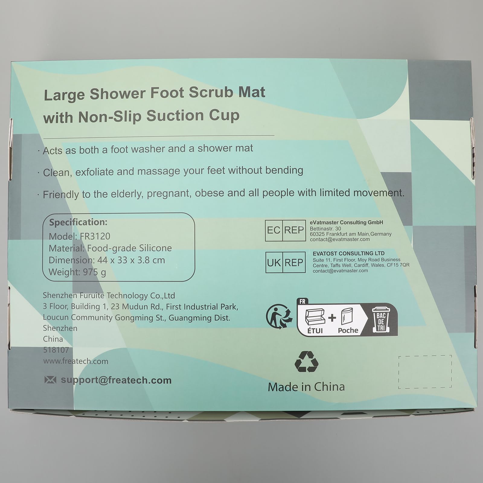 FREATECH Silikon Fußschrubber Matte, Fußbürste Dusche - mit Rutschfesten Saugnäpfen, Duschmatte für Allround Reinigung, Peeling und Massagefunktion, Fördert die Fußgesundheit, Grau, 44 x 33 cm
