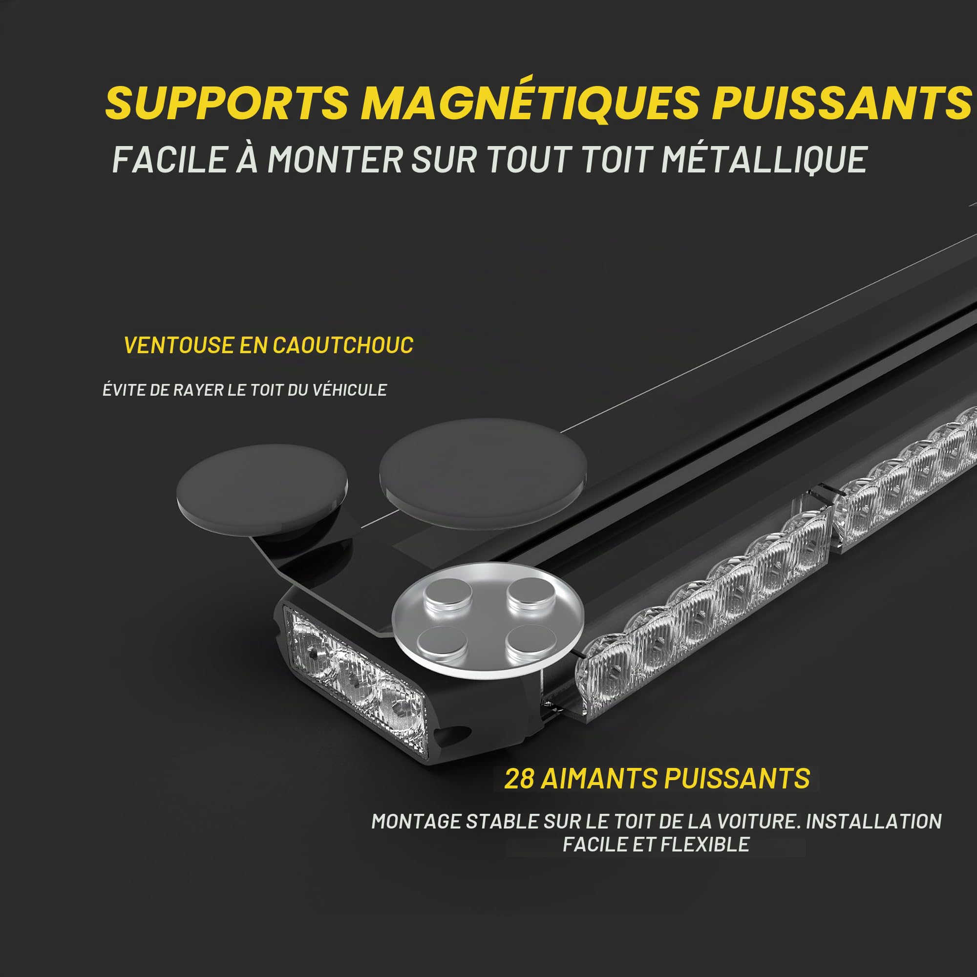 38cm 30 LED Barre Lumineuse Stroboscopique, 14 modes 12/24v Rampe Gyrophare Avertissement magnétique clignotant d’urgence, Ambre