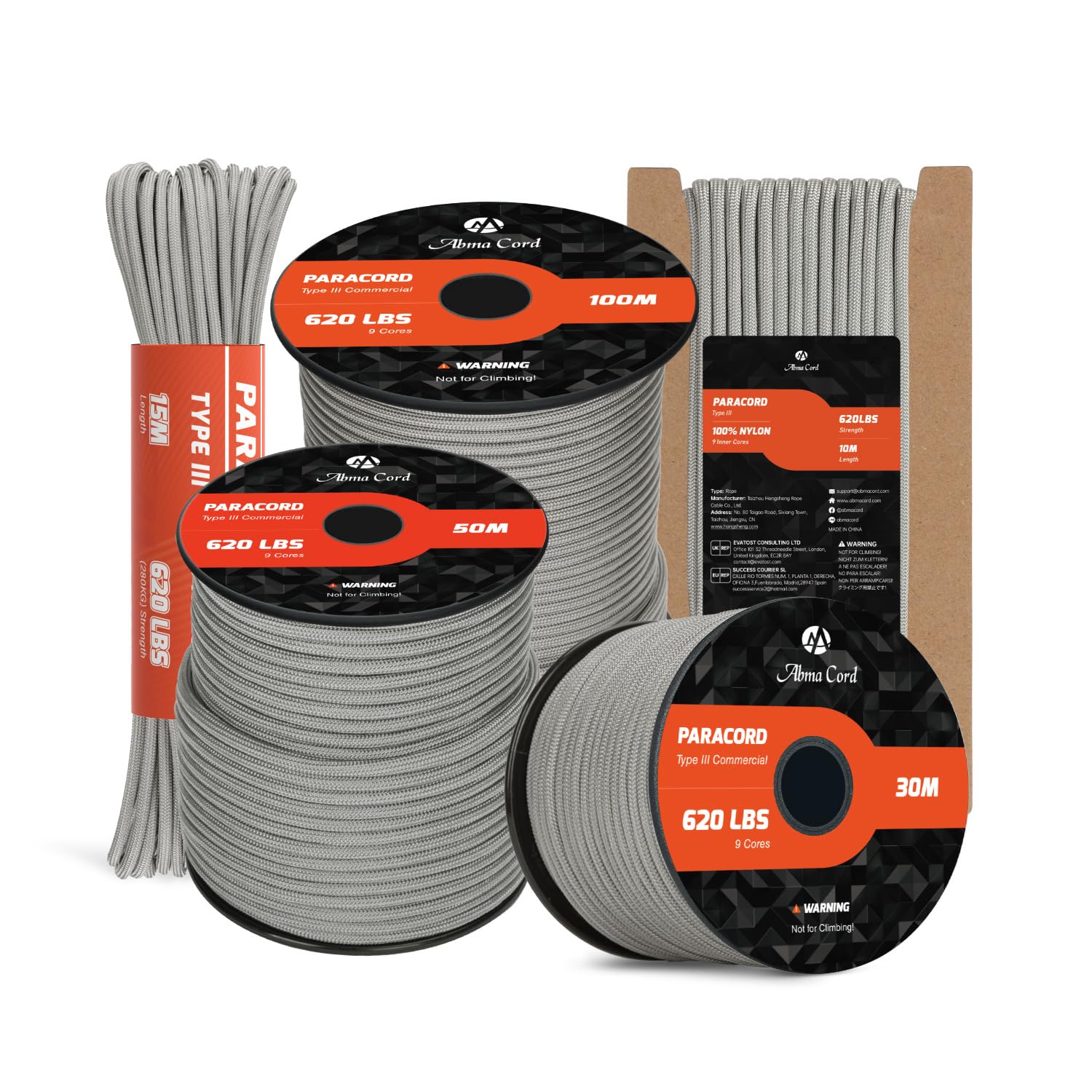 Abma Cord Grey Paracord 4Mm 10M 100% Nylon Rope 9 Strands Type Iii Parachute Cord For Diy, Camping, Survival, Outdoor - Max. 280Kg