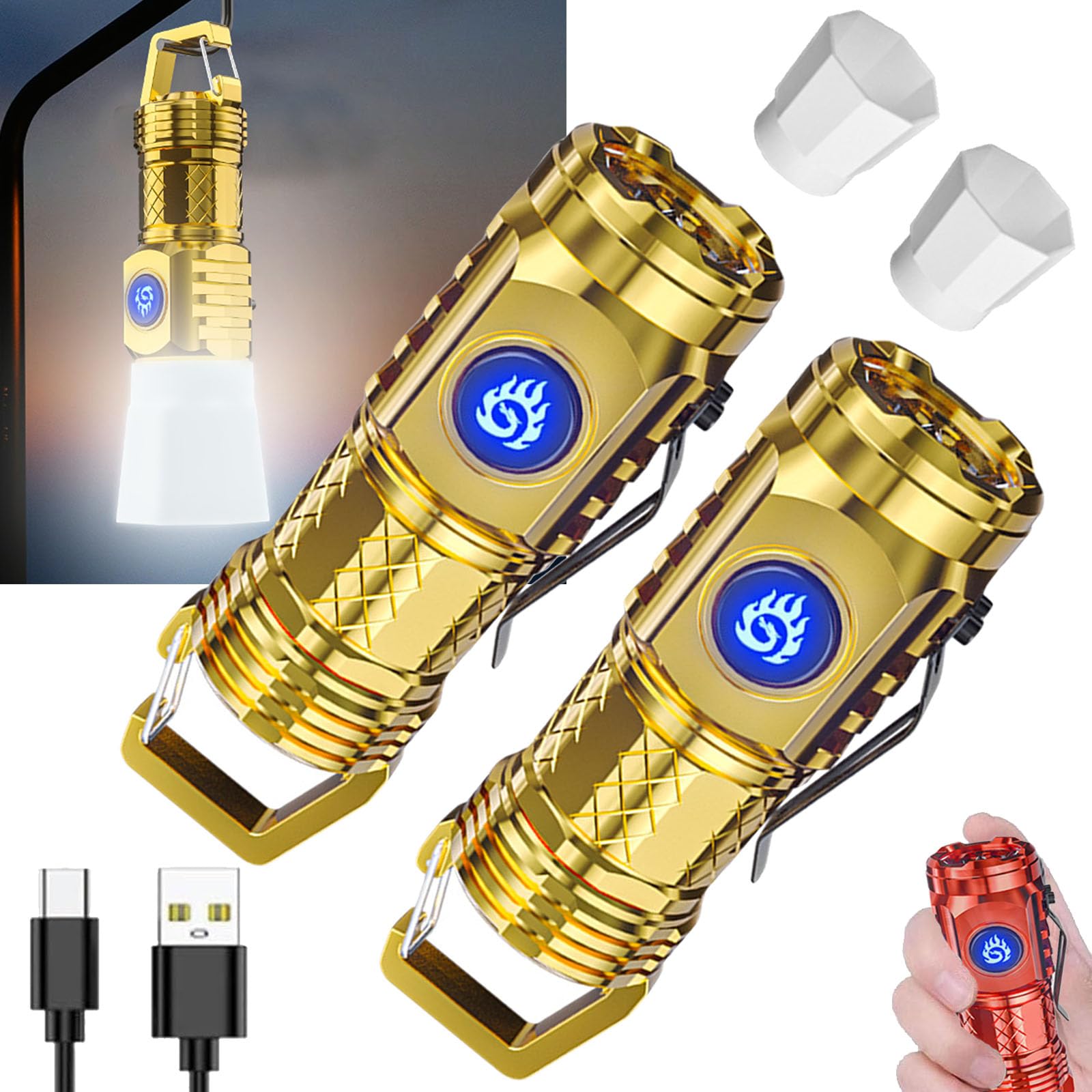 HABOHUSE German Three-Eyed Monster Mini Flashlight, Super Power Multi-Functional Pen Clip Light, Steel High Lumen Rechargeable Waterproof (Gold)