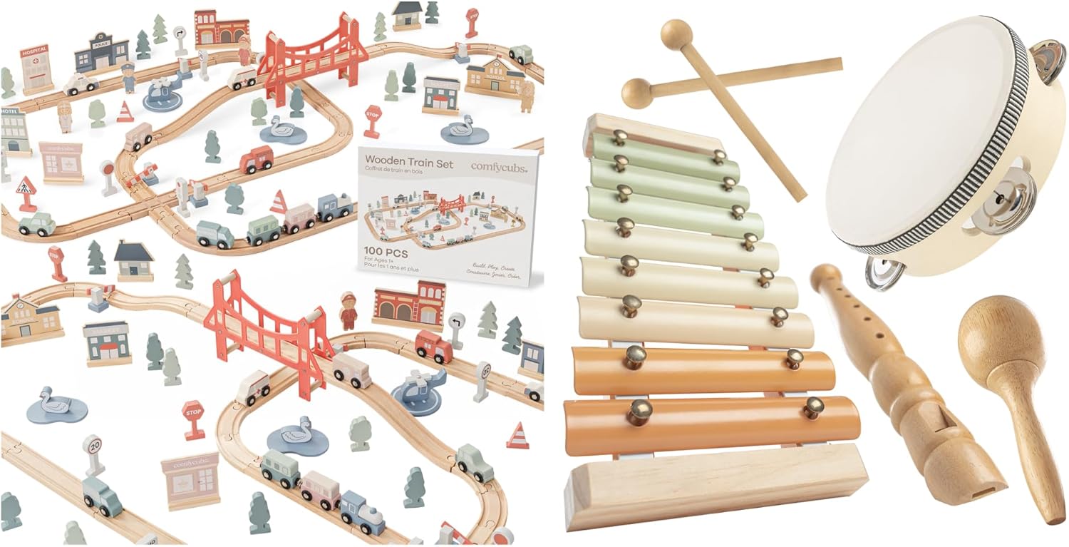 100-Piece Wooden Train Set and 4-Piece Kids Musical Instruments Set Bundled by Comfy Cubs
