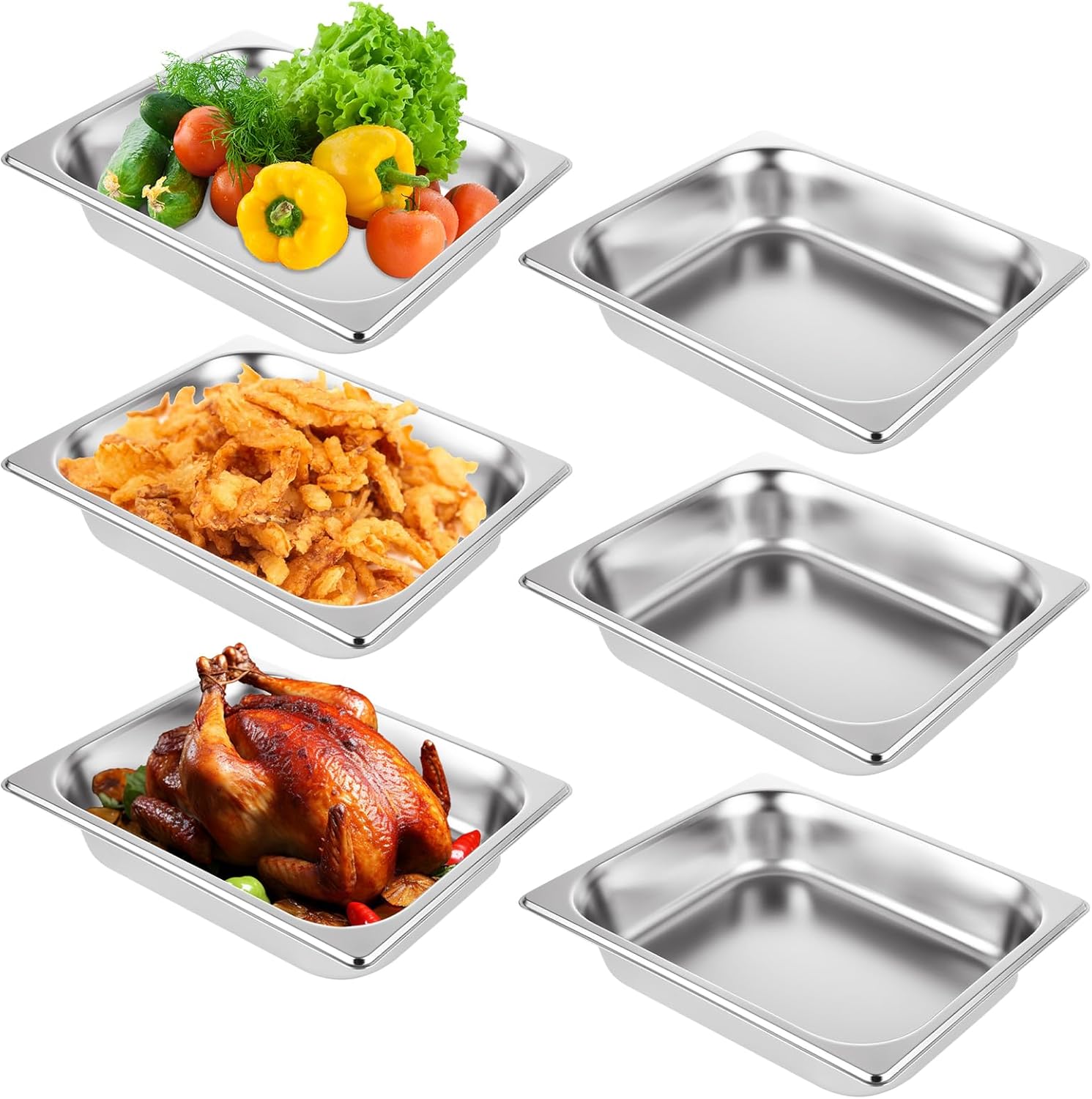SHUESS 6 Set 1/2 Half Size Stainless Steel Hotel Pans, 2.5 Inch Deep Steam Table Pan, Anti-Jam Chafing Steam Table Pans Commercial, Catering Food Storage Metal Pan (12.8" L x 10.4" W)
