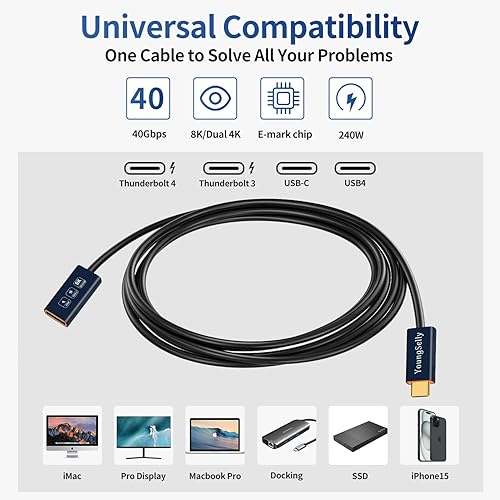 Miniatura 9 de Cable USB C macho a macho de 1.64 pies, compatible con Thunderbolt 43, USB43, soporta carga rápida de 240 W (48 V5 A máximo), transferencia de datos
