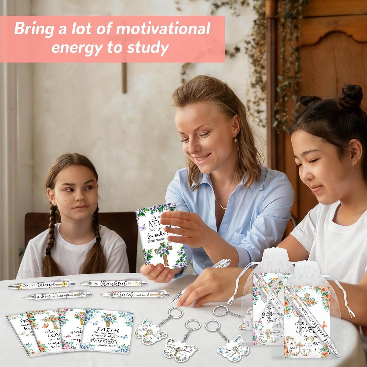 48 Pcs Christian Bulk Gifts for Women Valentines Religious Gift Bible Verse Pens Notebooks Scripture Ballpoint Pens Inspirational Verse Keychains Prizes for Church Office Coworker Supplies(Floral) - Image 7