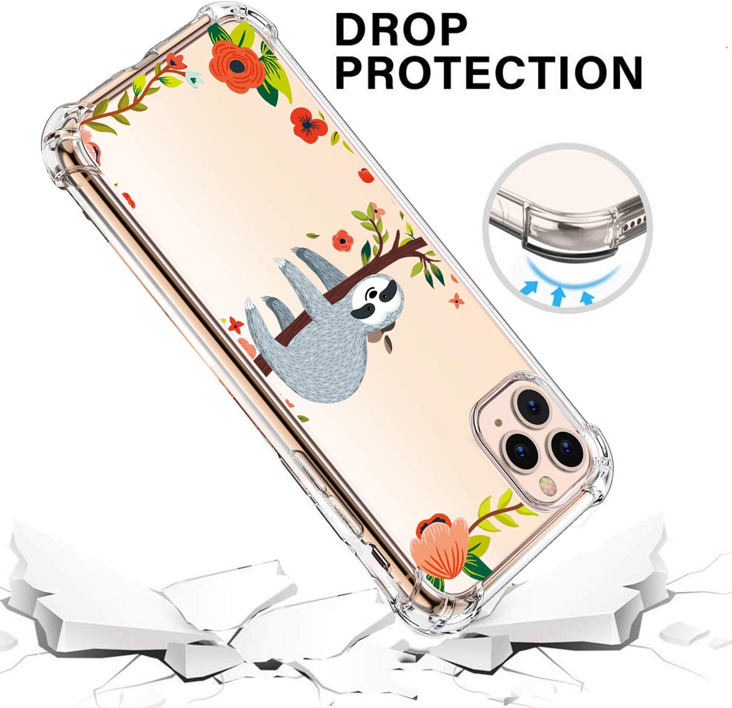 Hepix Sloth Case Compatible with iPhone 11 Pro Max 6.5 inch, Cute Sloth Hanging on Tree with Floral Design Case, Slim Soft TPU Stylish Raised Lips Anti-Scratch Shockproof Protective Case, Funny Animal