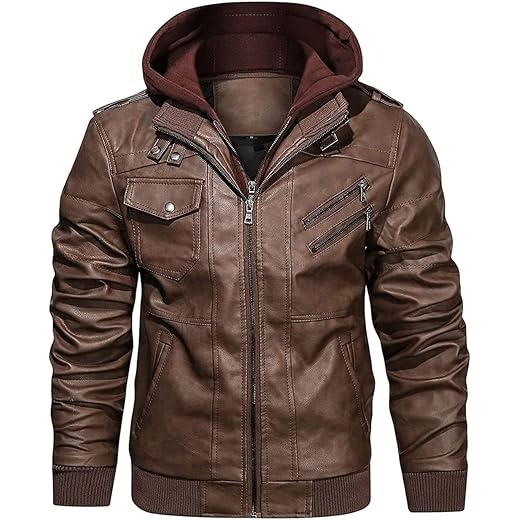 JMSUN Jaqueta Masculina Casaco PU com zíper masculino Jaqueta bomber casual couro sintético gola alta com capuz removível